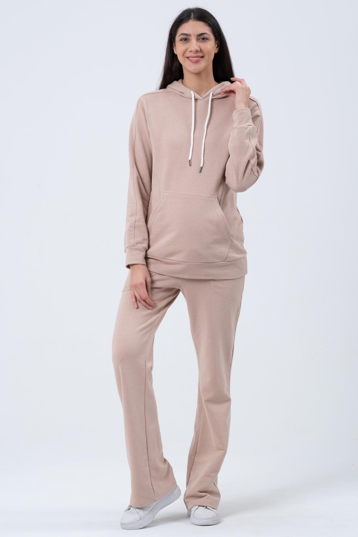 Busa Hamile Esnek Karın Bantlı Beli Ayarlı Bol Paça Emzirme Detaylı Üç İplik Eşofman Takım Bej