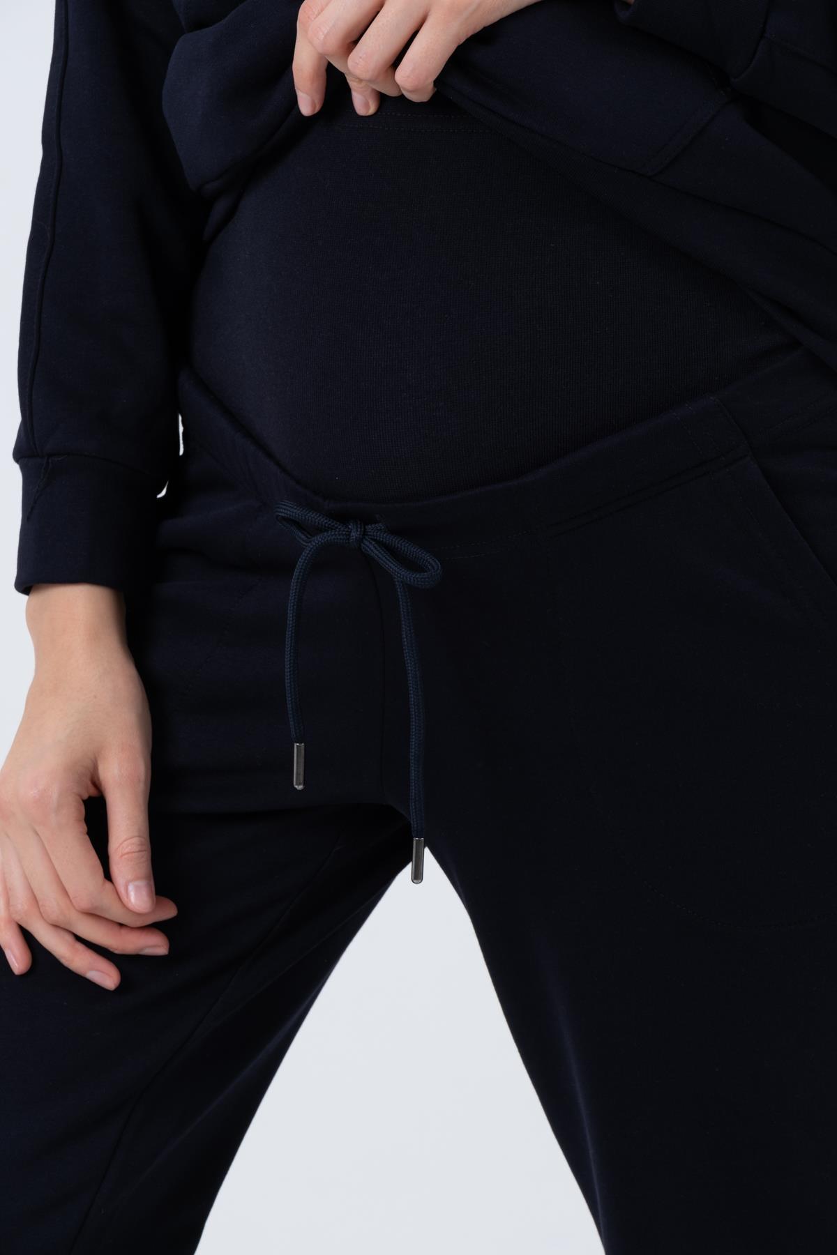 Busa Hamile Esnek Karın Bantlı Beli Ayarlı Bol Paça Emzirme Detaylı Üç İplik Eşofman Takım Koyu Lacivert