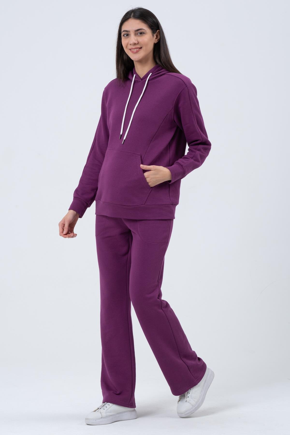 Busa Hamile Esnek Karın Bantlı Beli Ayarlı Bol Paça Emzirme Detaylı Üç İplik Eşofman Takım Mor