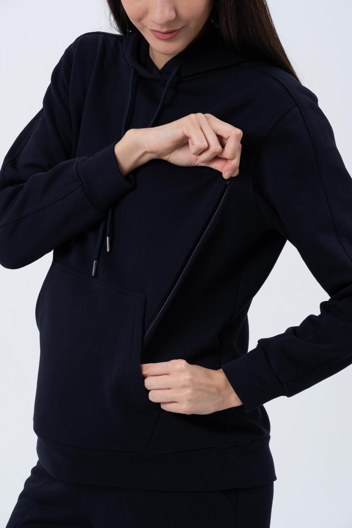 Busa Hamile Esnek Karın Bantlı Beli Ayarlı Bol Paça Emzirme Detaylı Üç İplik Eşofman Takım Koyu Lacivert