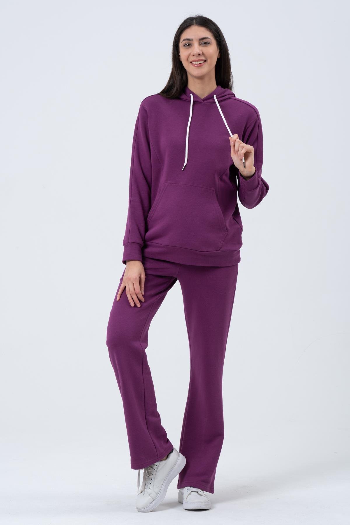 Busa Hamile Esnek Karın Bantlı Beli Ayarlı Bol Paça Emzirme Detaylı Üç İplik Eşofman Takım Mor