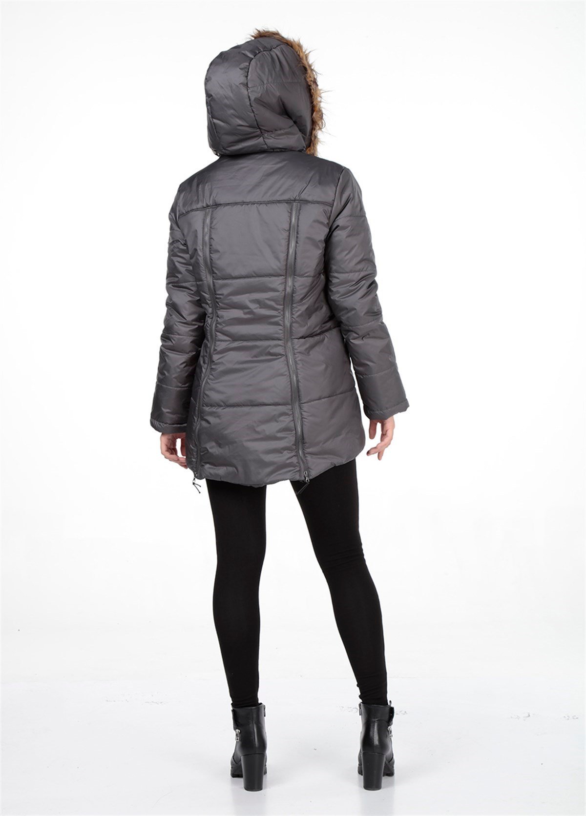 Busa Hamile Fermuar Detaylı Şişme Hamile Montu Gray