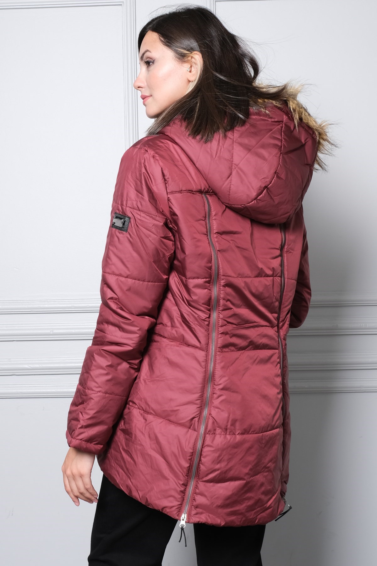 Busa Hamile Fermuar Detaylı Şişme Hamile Montu Claret Red