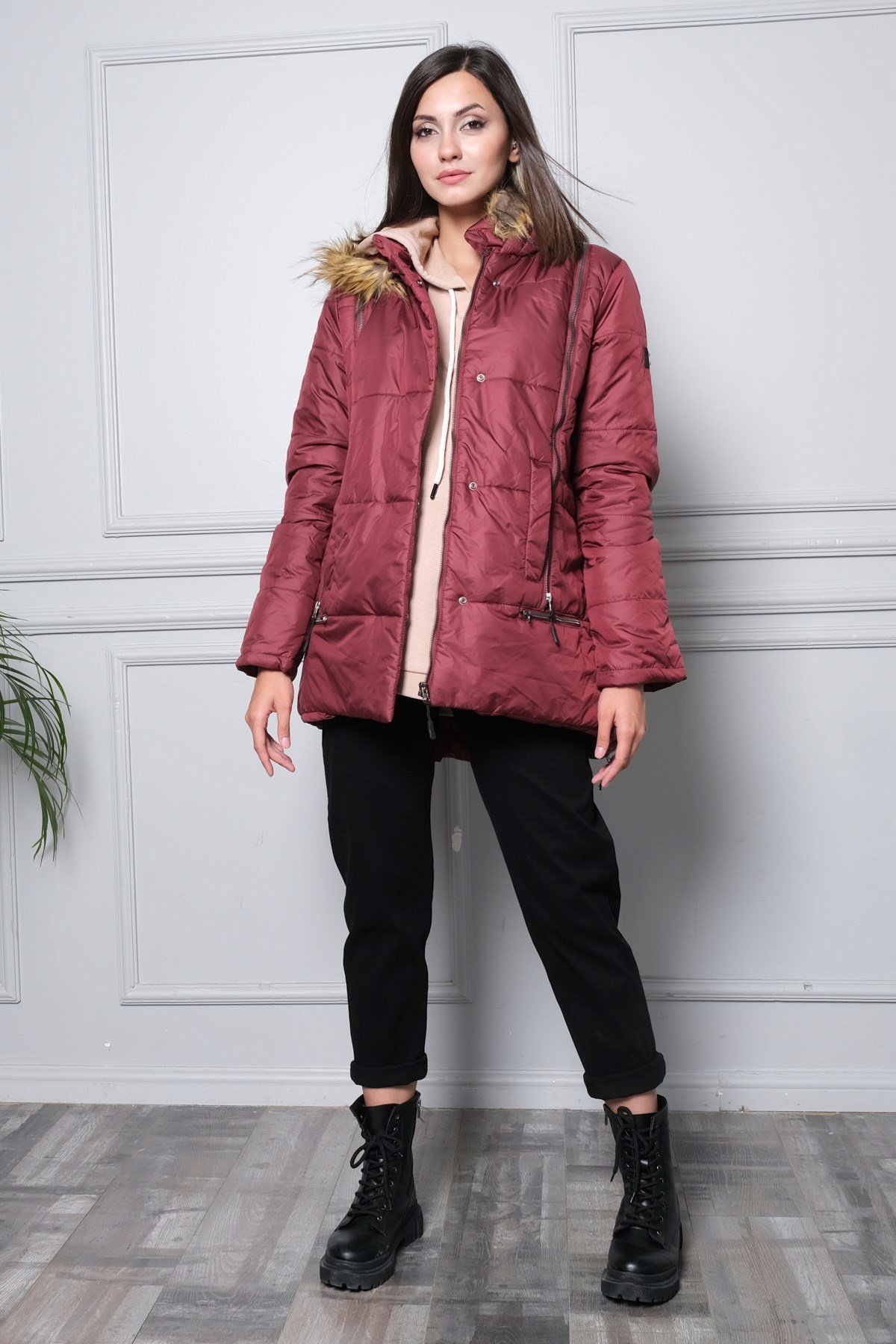 Busa Hamile Fermuar Detaylı Şişme Hamile Montu Claret Red