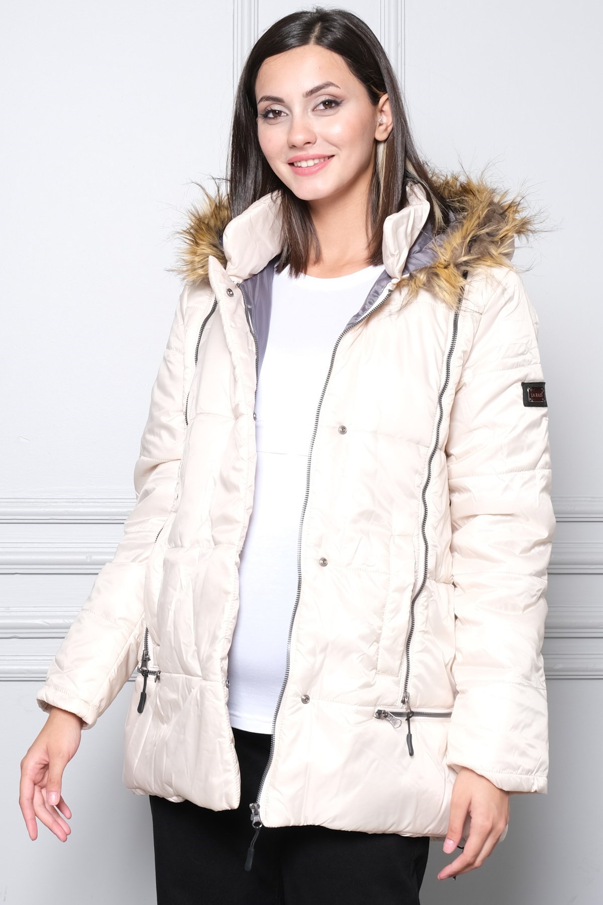 Busa Hamile Fermuar Detaylı Şişme Hamile Montu Stone Color