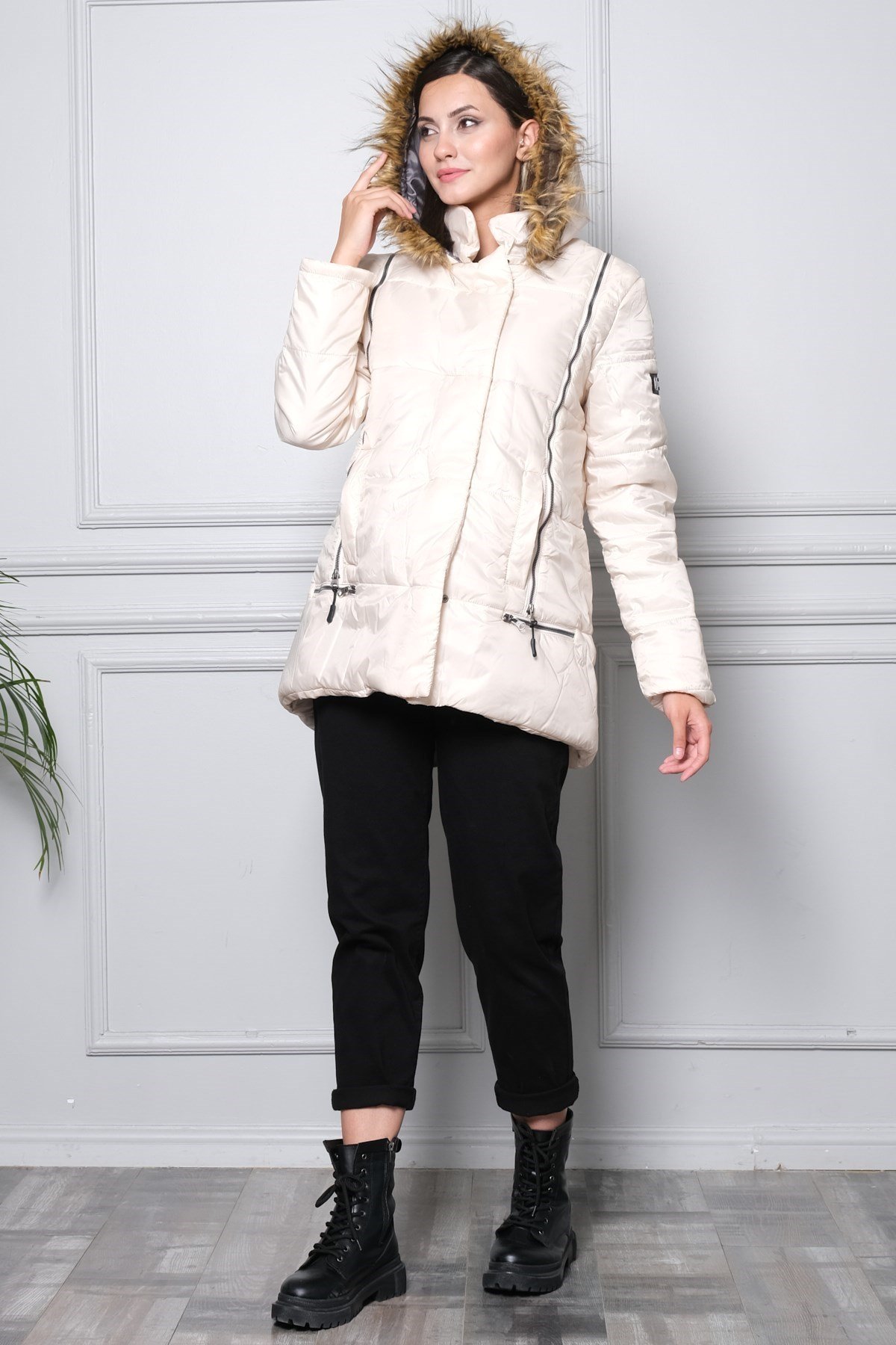 Busa Hamile Fermuar Detaylı Şişme Hamile Montu Stone Color