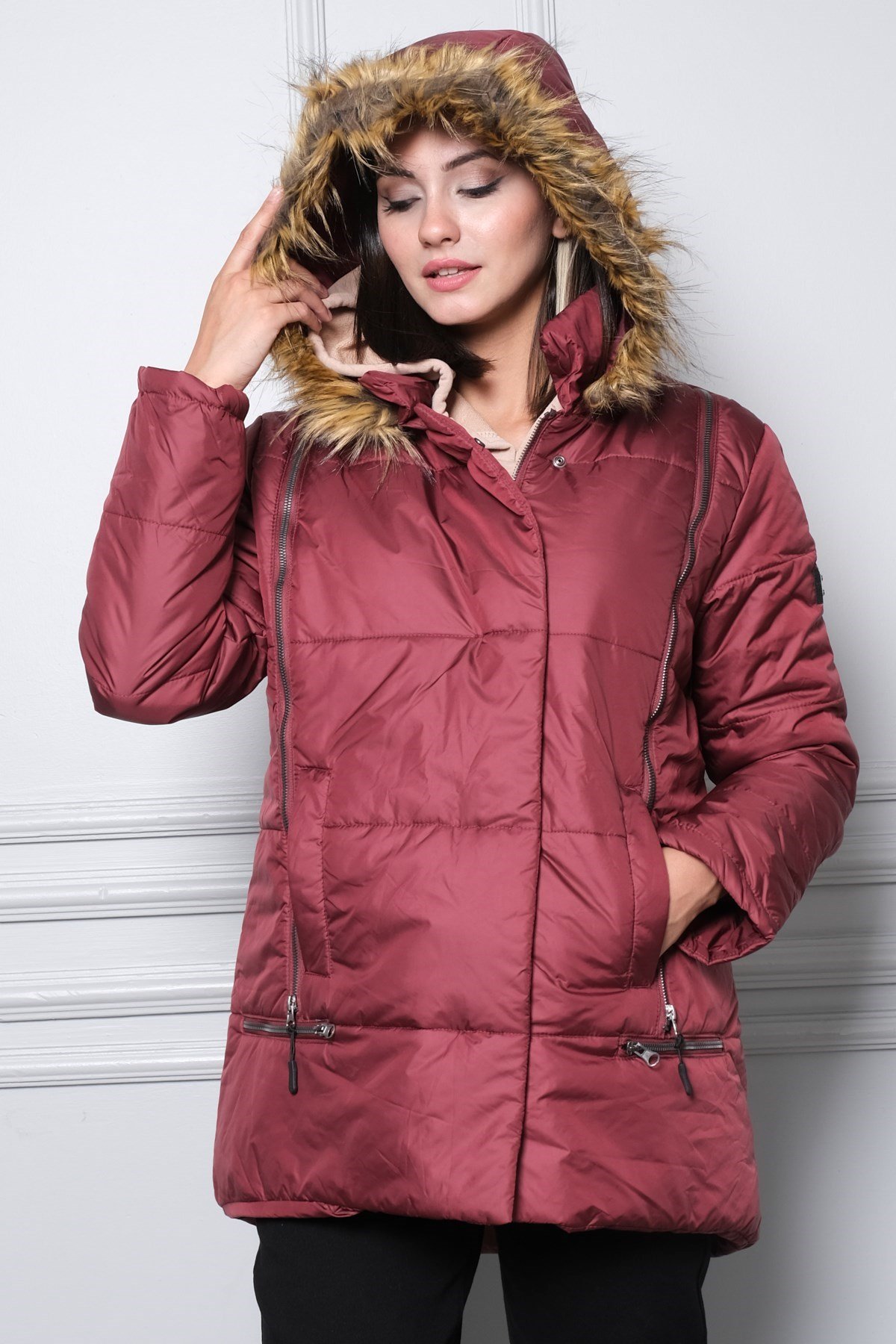 Busa Hamile Fermuar Detaylı Şişme Hamile Montu Claret Red