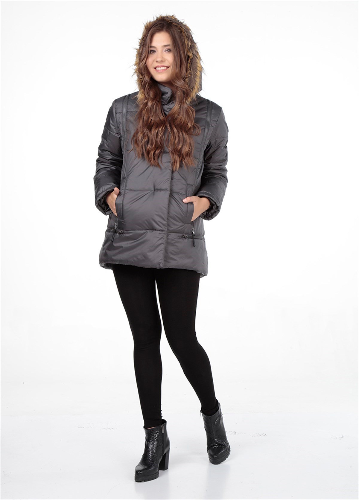 Busa Hamile Fermuar Detaylı Şişme Hamile Montu Gray