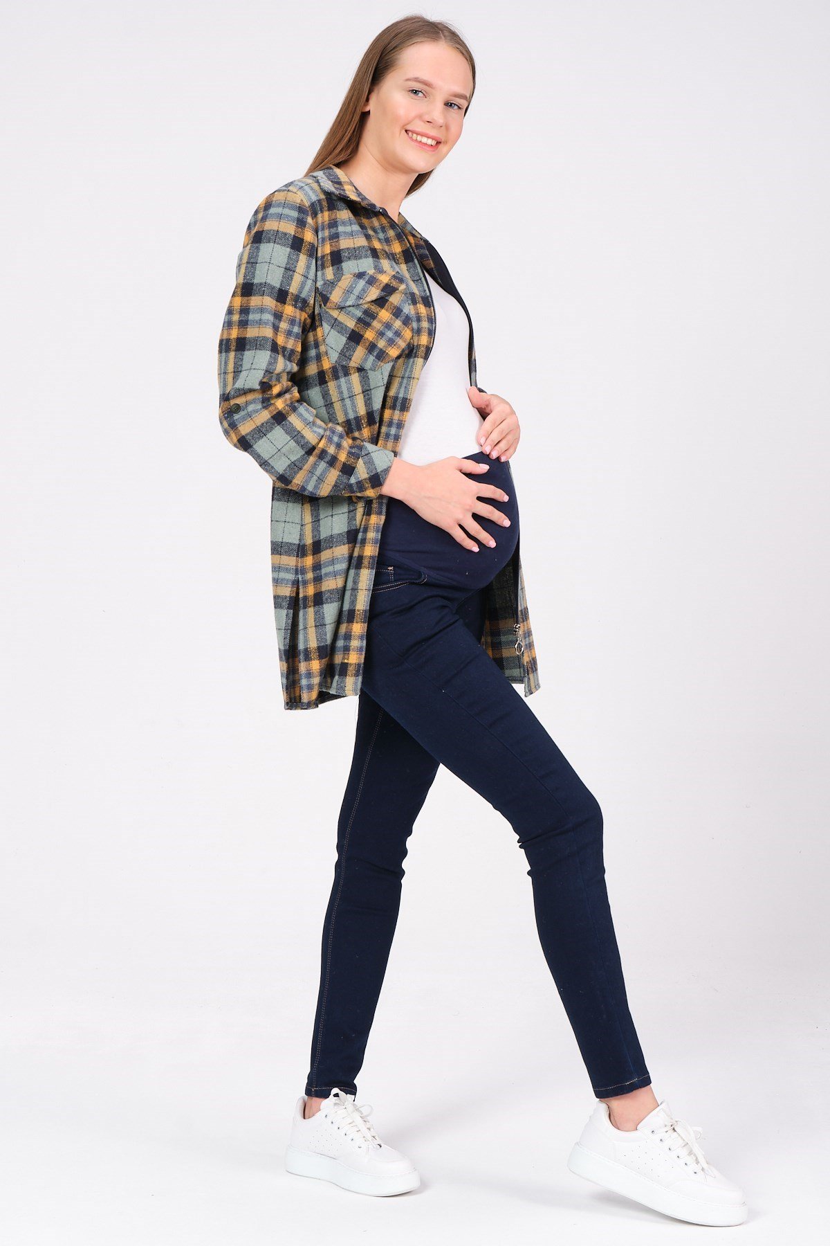 Busa Hamile Fermuarlı Ekose Oduncu Gömlek Yeşil