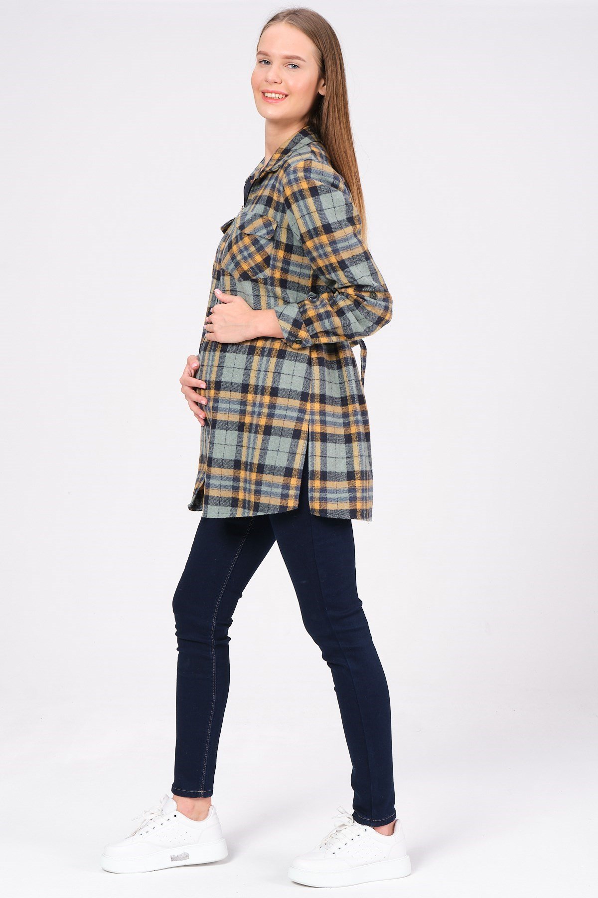 Busa Hamile Fermuarlı Ekose Oduncu Gömlek Yeşil