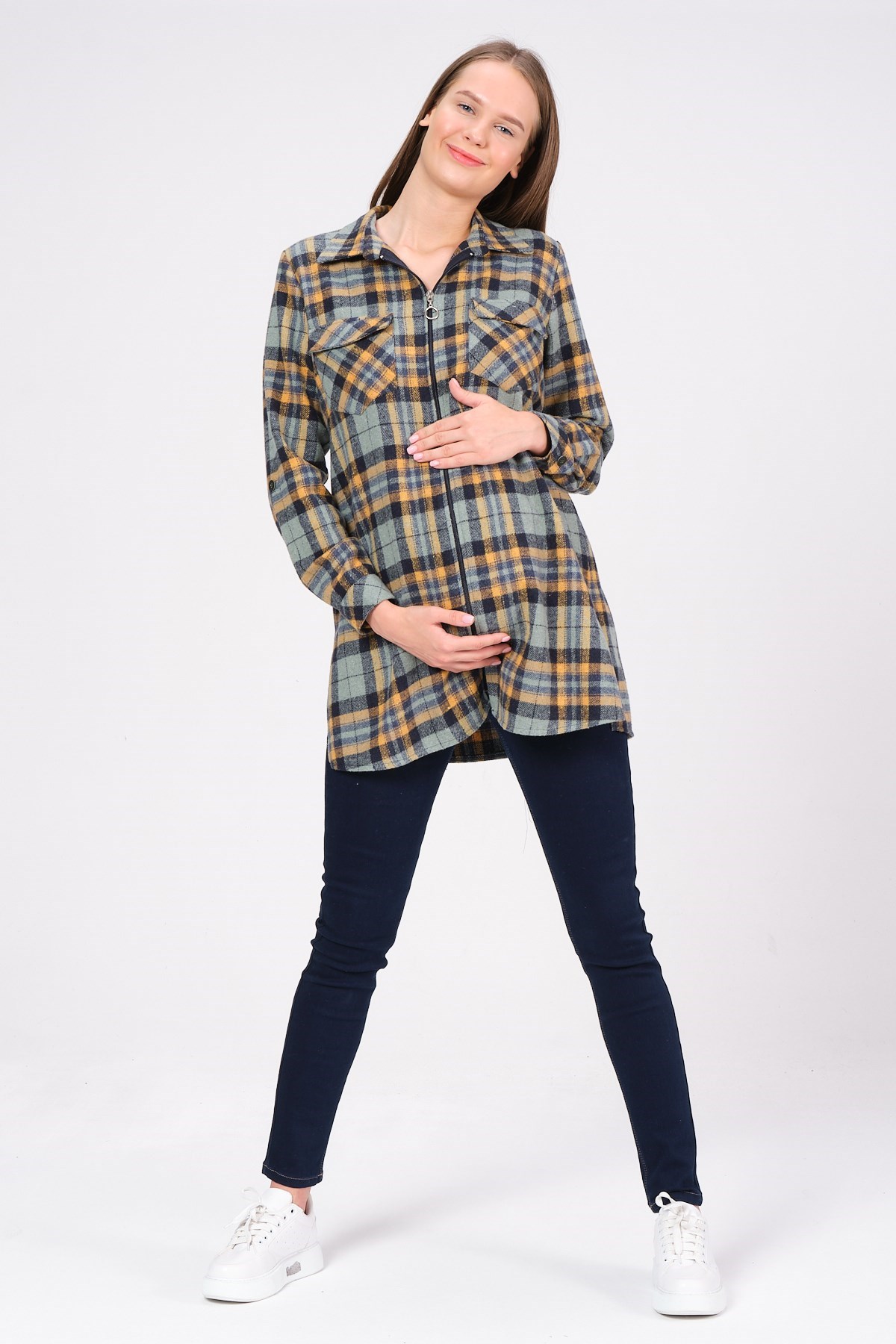 Busa Hamile Fermuarlı Ekose Oduncu Gömlek Yeşil