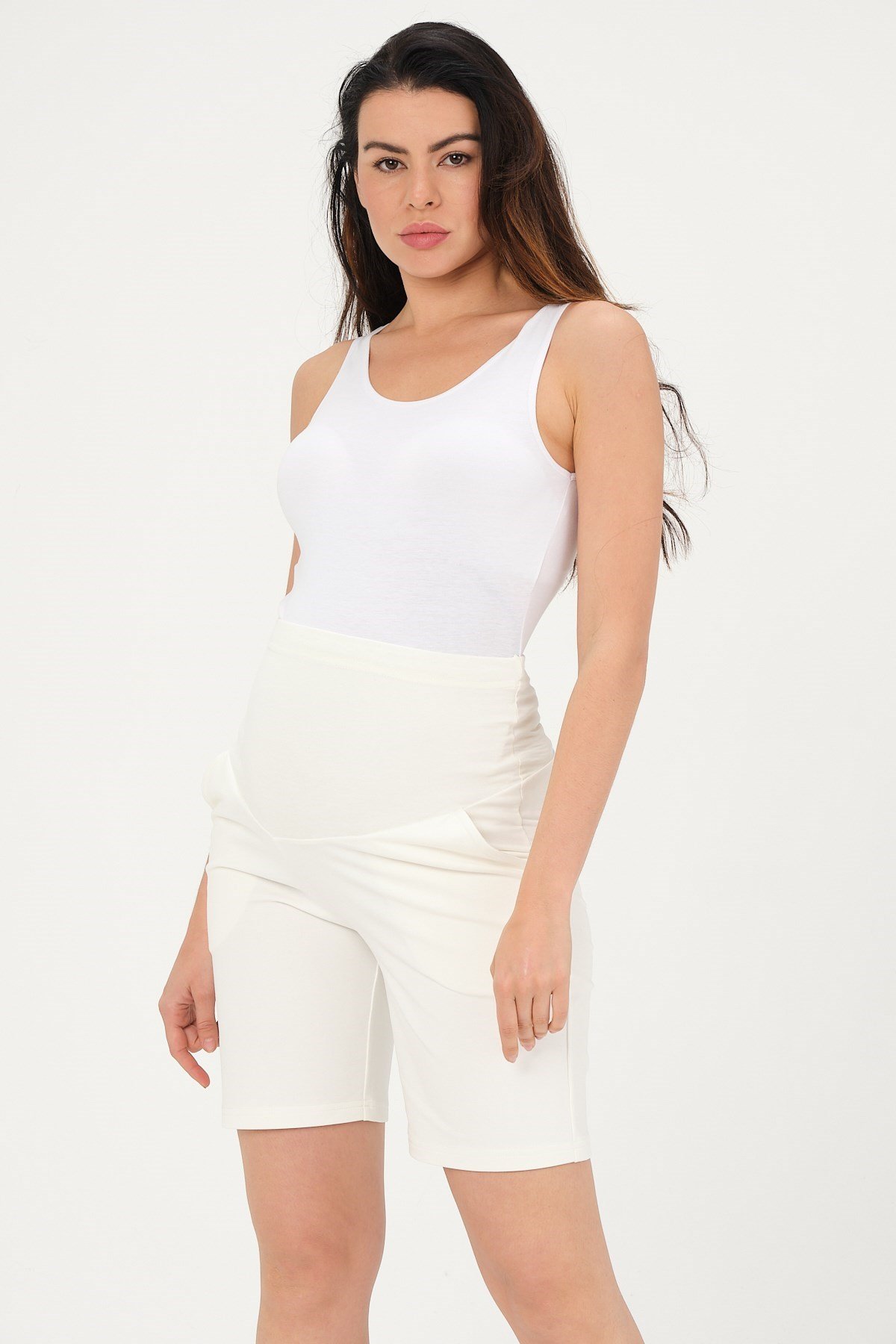 Busa Hamile Karın Bantlı Bel Ayarlı Şort Beyaz
