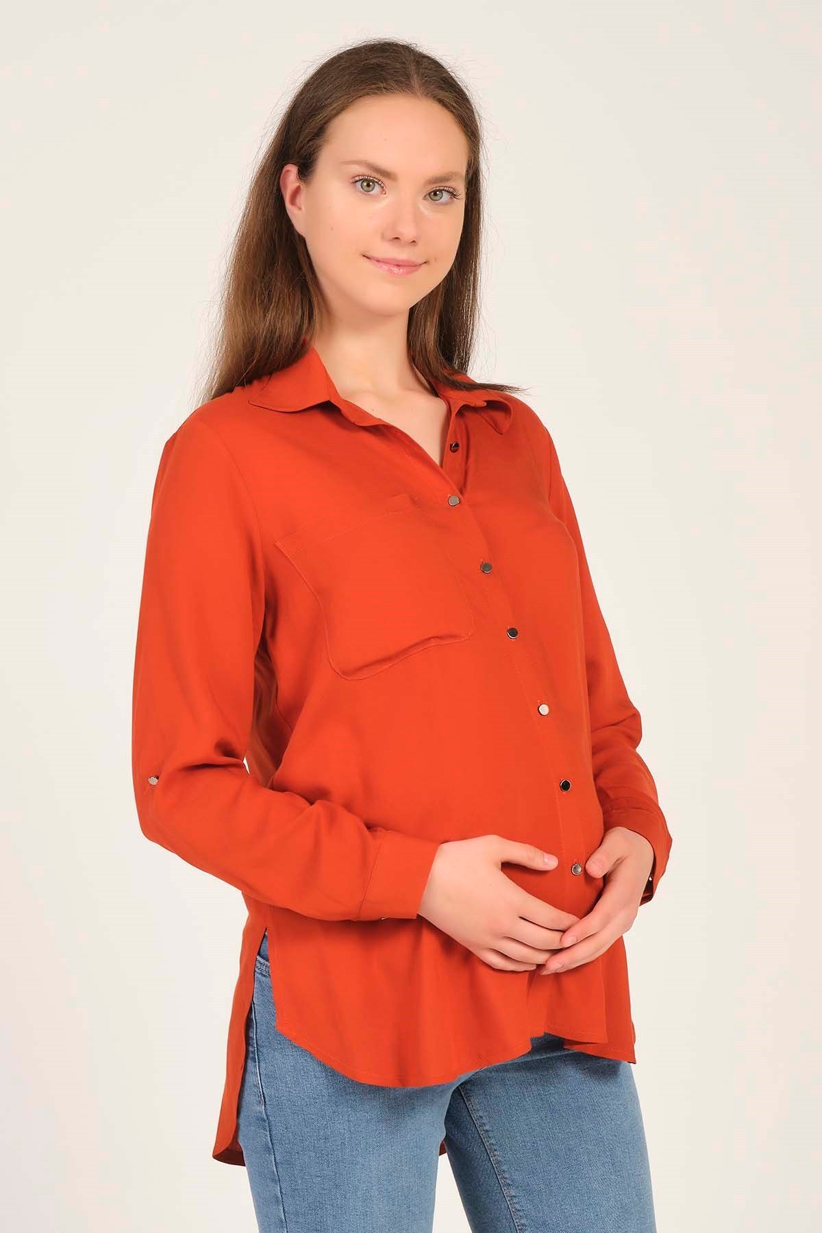 Busa Hamile Katlanabilir Kol Detaylı Gömlek Kiremit