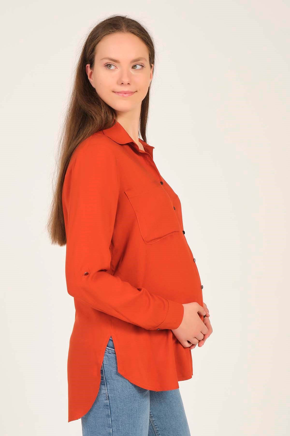 Busa Hamile Katlanabilir Kol Detaylı Gömlek Kiremit