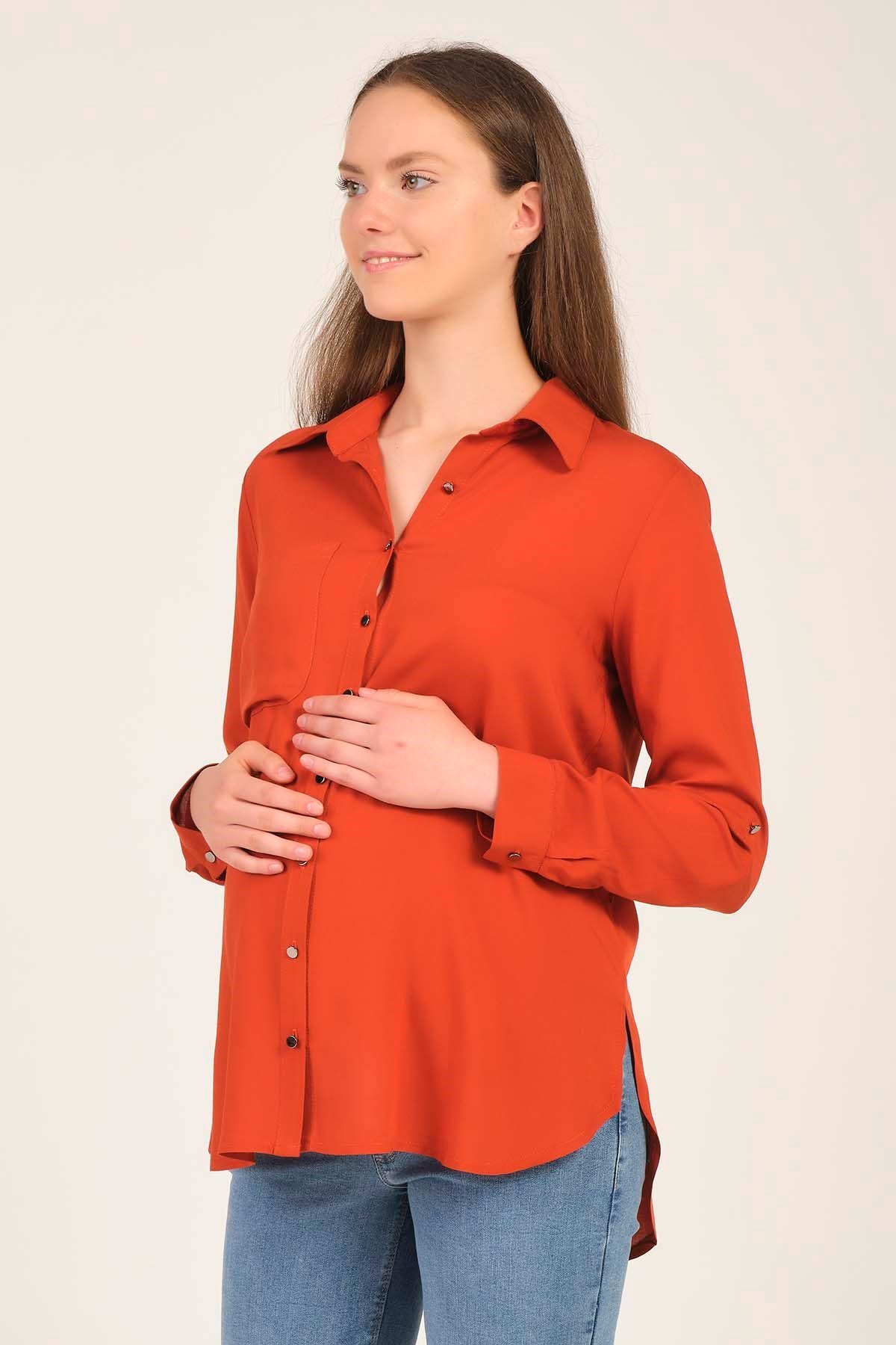 Busa Hamile Katlanabilir Kol Detaylı Gömlek Kiremit