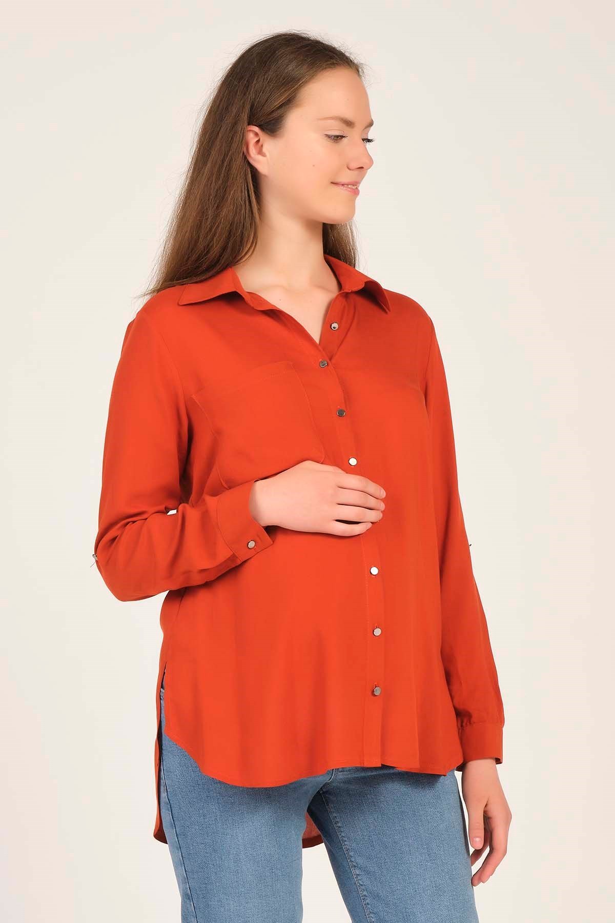 Busa Hamile Katlanabilir Kol Detaylı Gömlek Kiremit