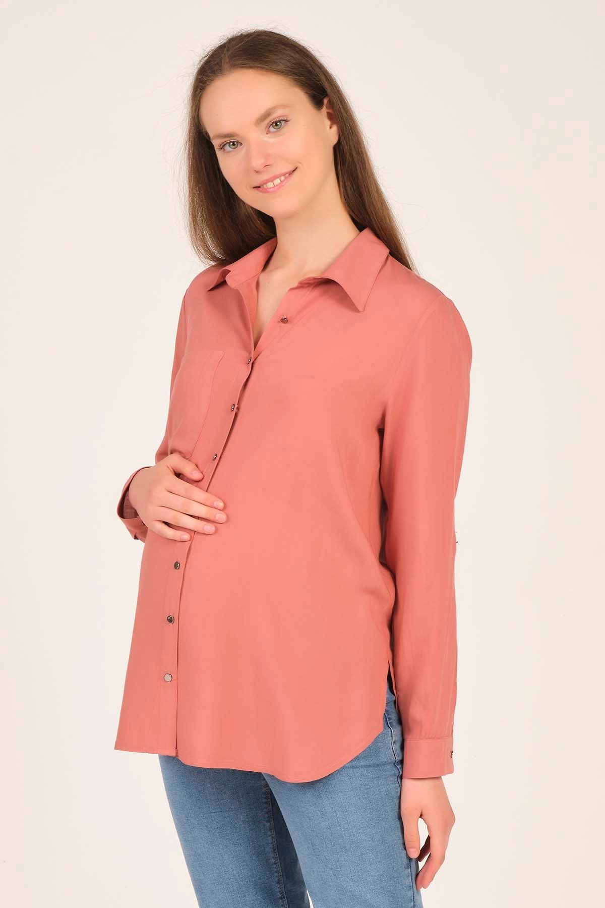 Busa Hamile Katlanabilir Kol Detaylı Gömlek Gül Kurusu