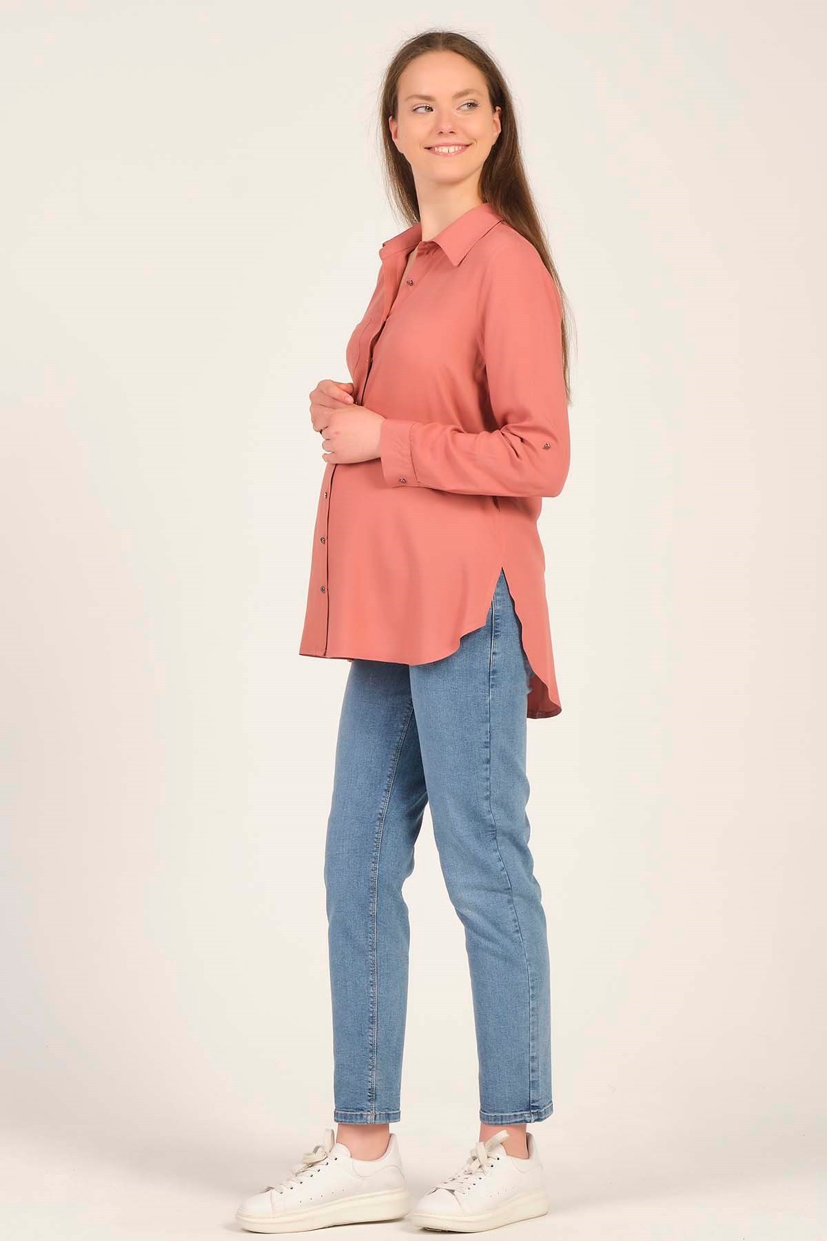 Busa Hamile Katlanabilir Kol Detaylı Gömlek Gül Kurusu