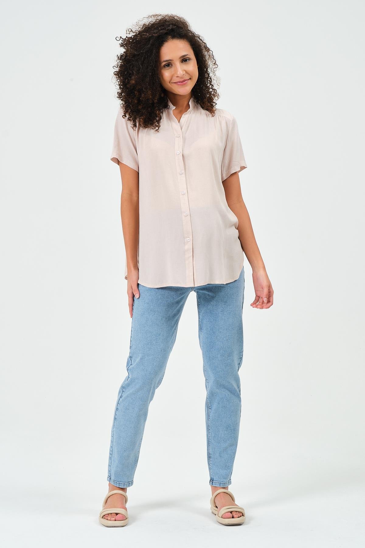 Busa Hamile Keten Kısa Kollu Gömlek Bej