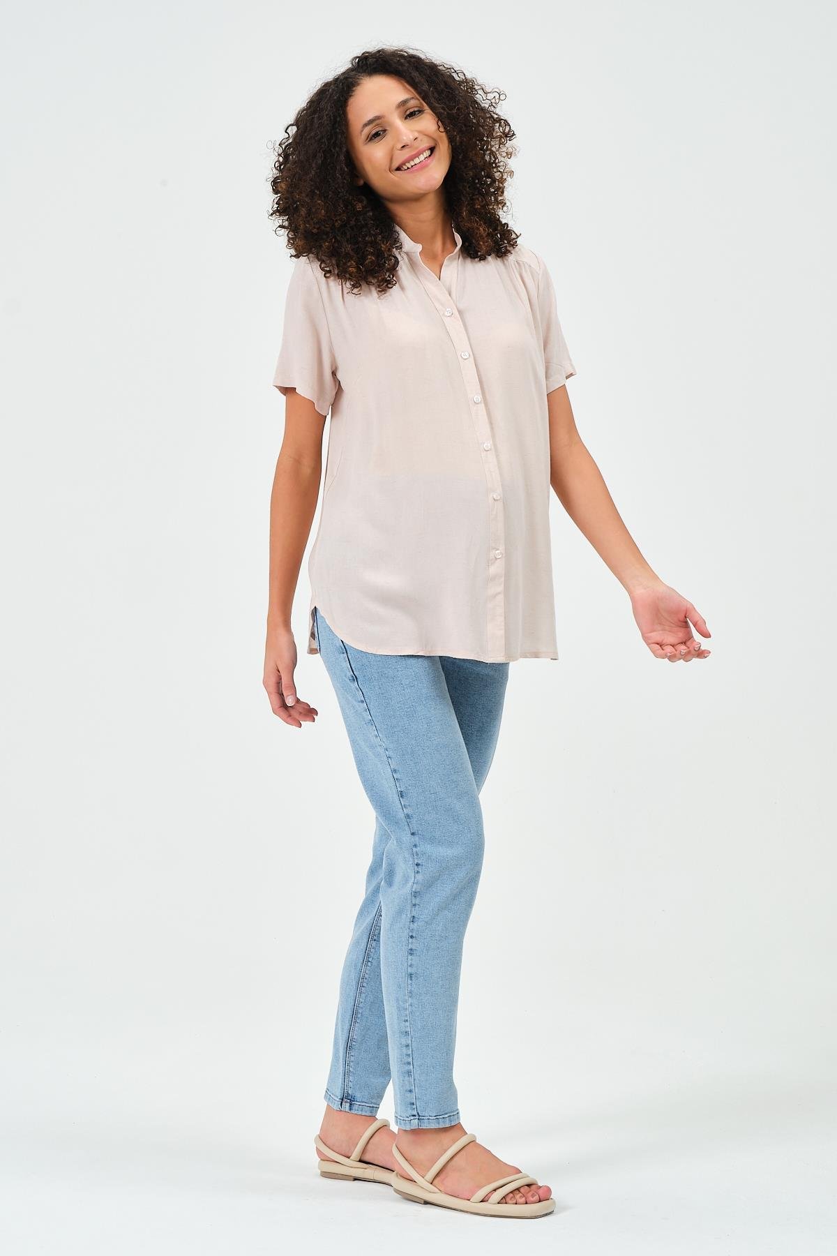 Busa Hamile Keten Kısa Kollu Gömlek Bej