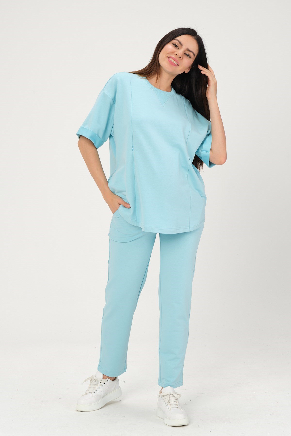 Busa Hamile Kısa Kollu Emzirme Detaylı Eşofman Takımı Mavi