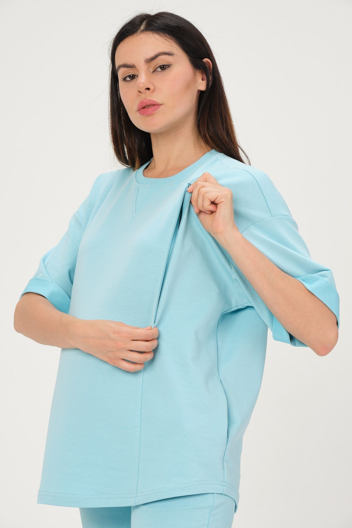 Busa Hamile Kısa Kollu Emzirme Detaylı Eşofman Takımı Mavi
