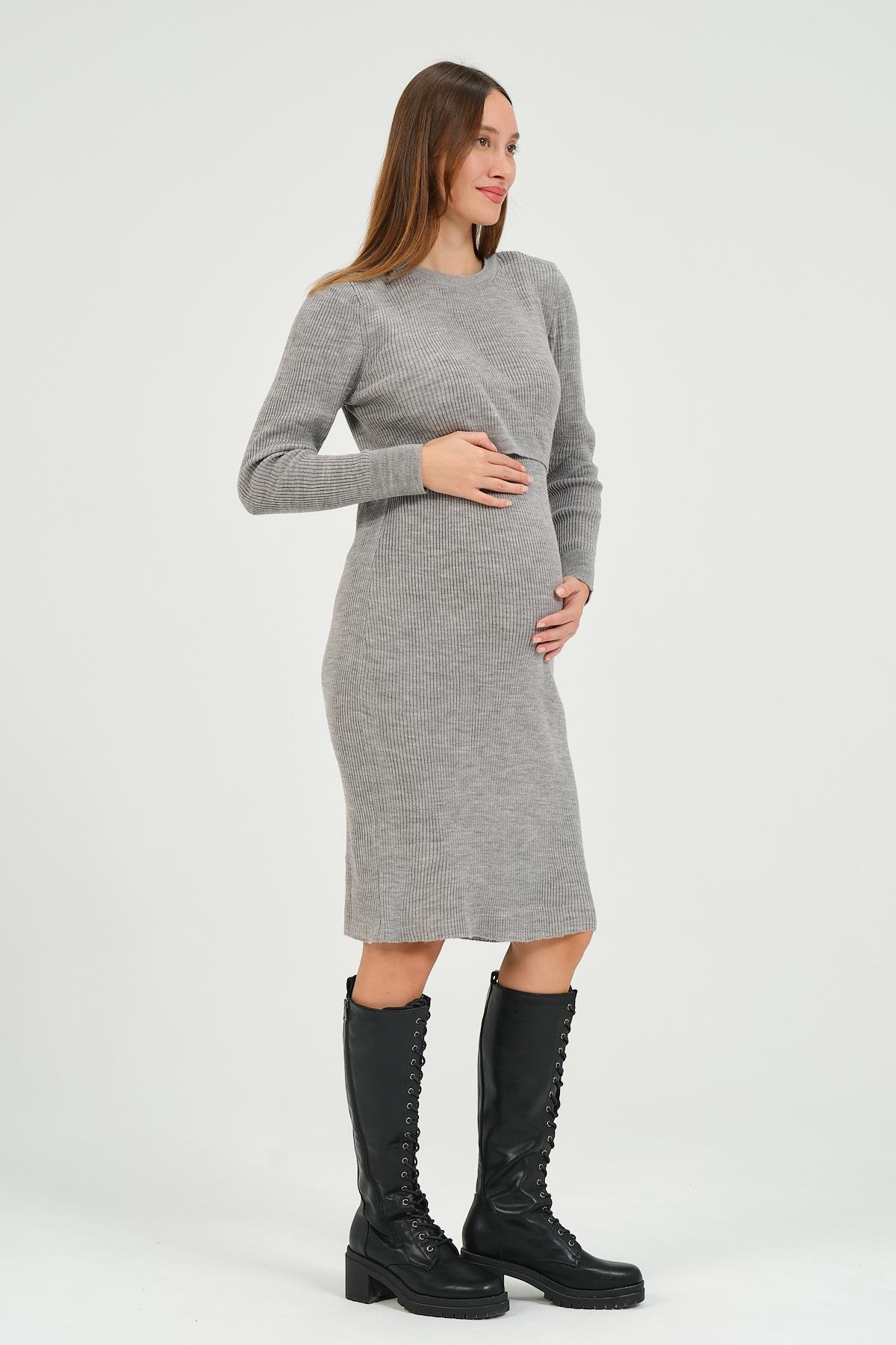 Busa Hamile Midi Boy Emzirme Detaylı Triko Elbise Gri