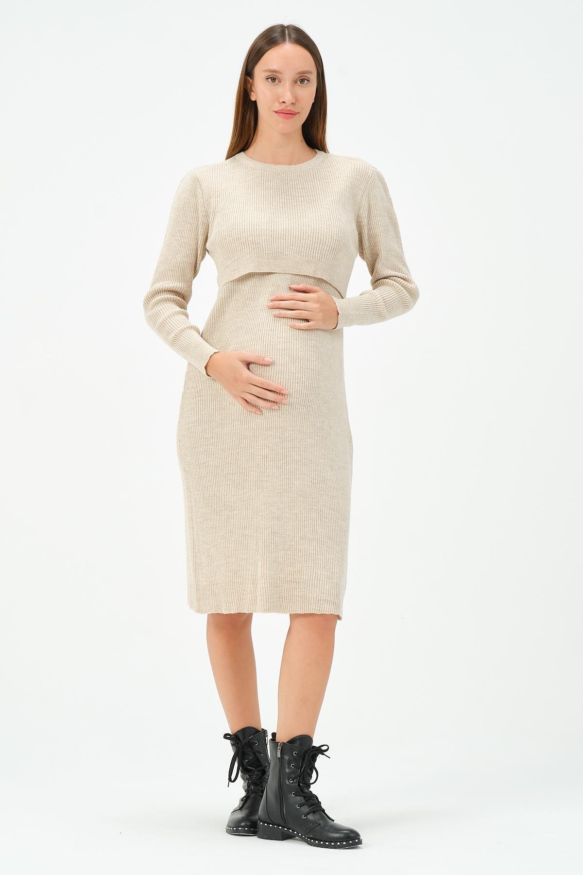 Busa Hamile Midi Boy Emzirme Detaylı Triko Elbise Bej