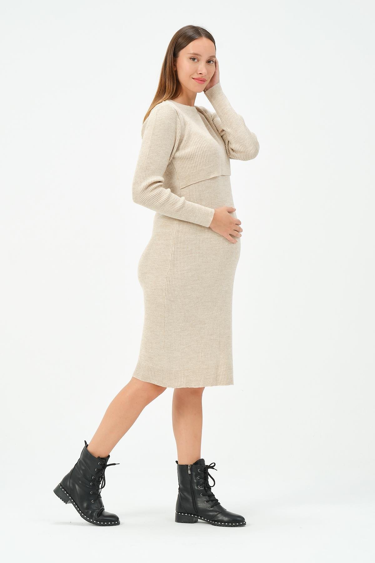 Busa Hamile Midi Boy Emzirme Detaylı Triko Elbise Bej