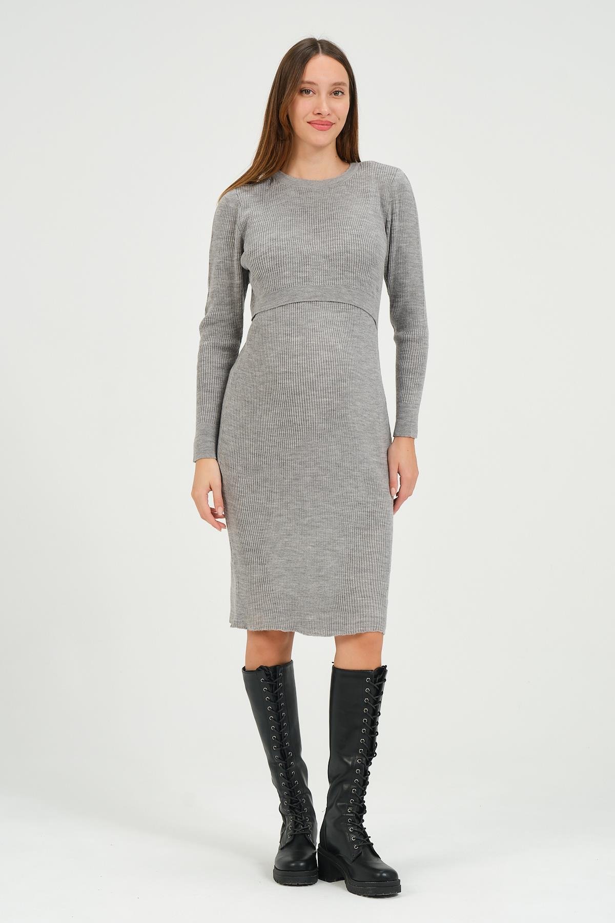 Busa Hamile Midi Boy Emzirme Detaylı Triko Elbise Gri