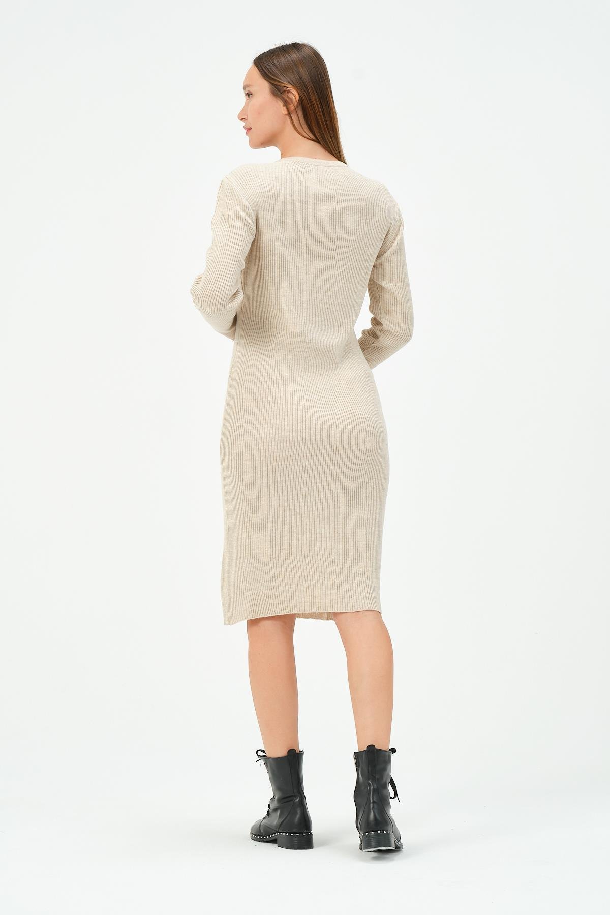 Busa Hamile Midi Boy Emzirme Detaylı Triko Elbise Bej