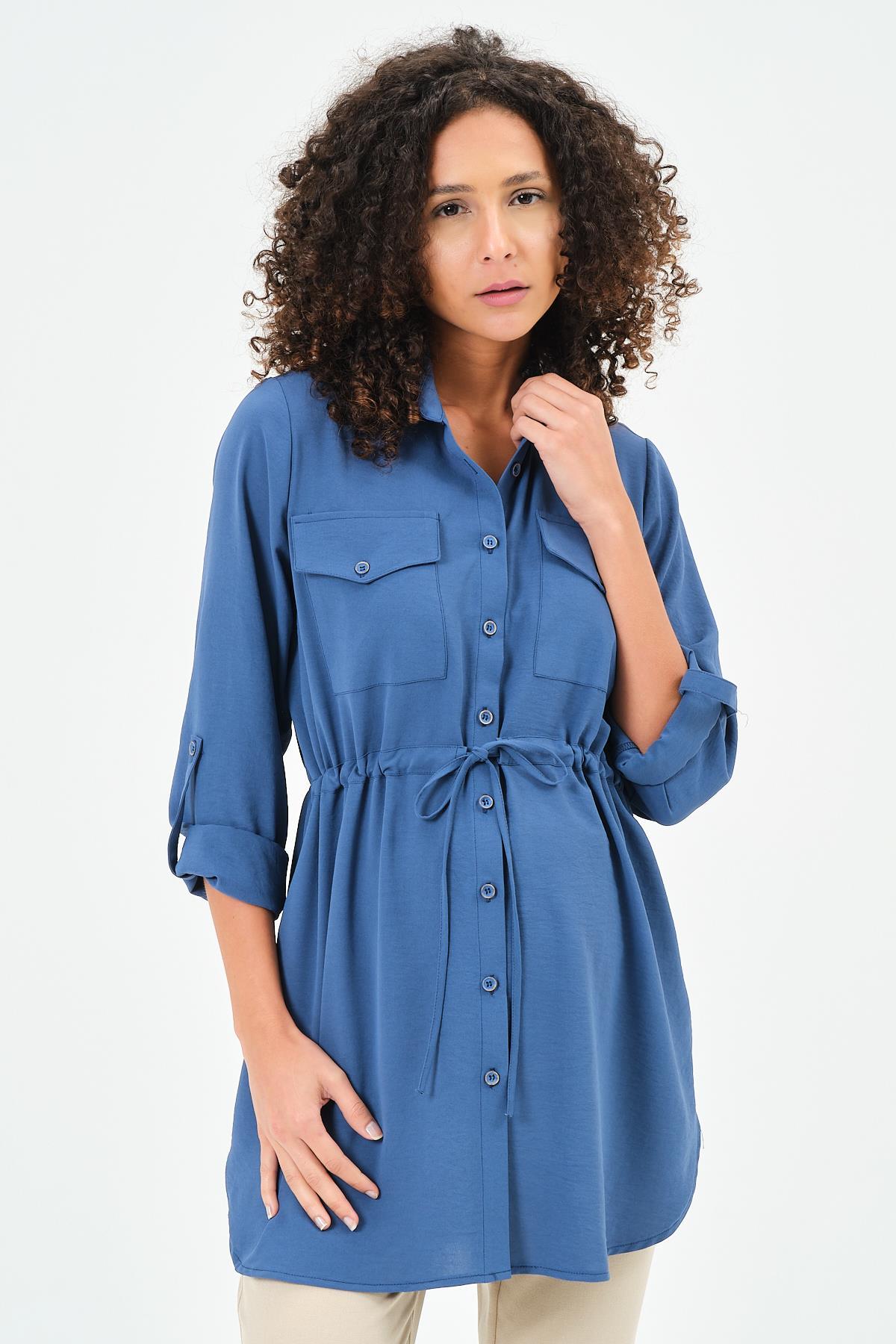 Busa Hamile Önden Cepli Bel Bağcıklı Gömlek İndigo