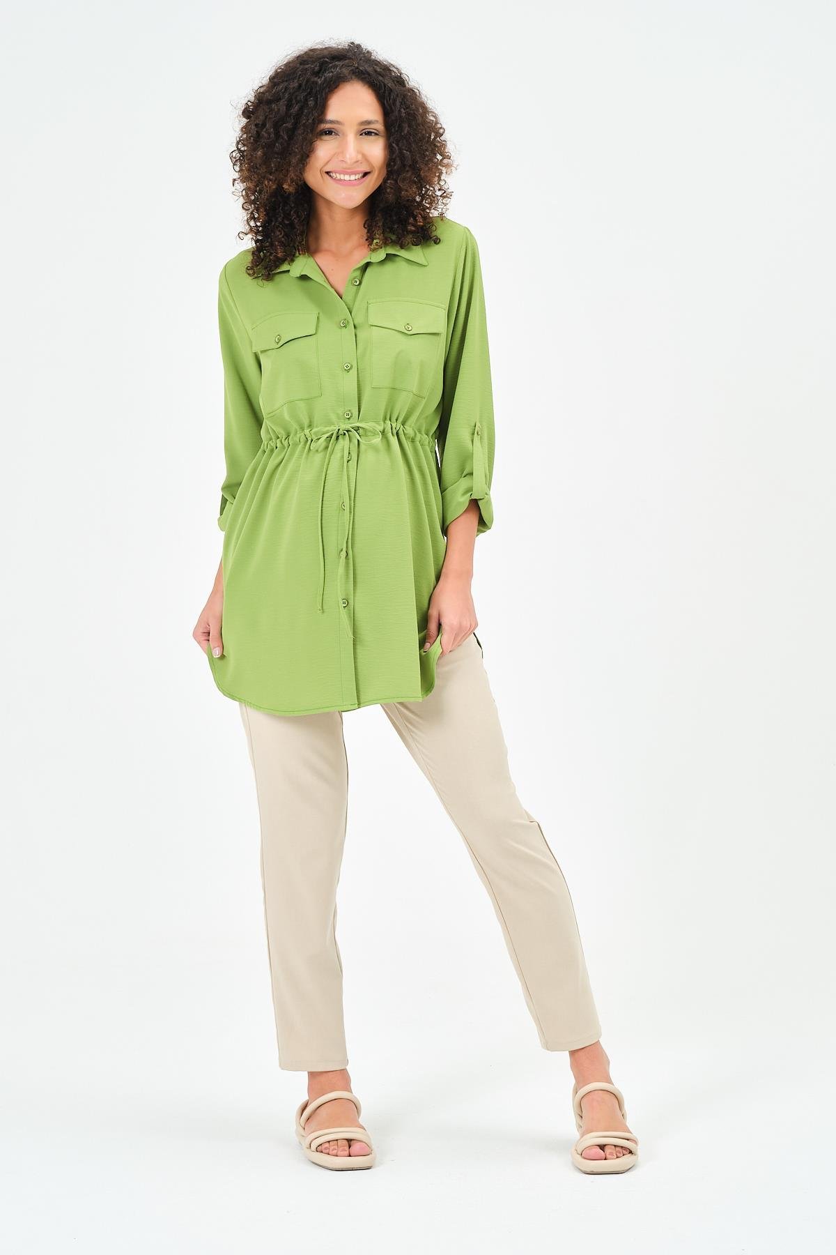 Busa Hamile Önden Cepli Bel Bağcıklı Gömlek Yeşil