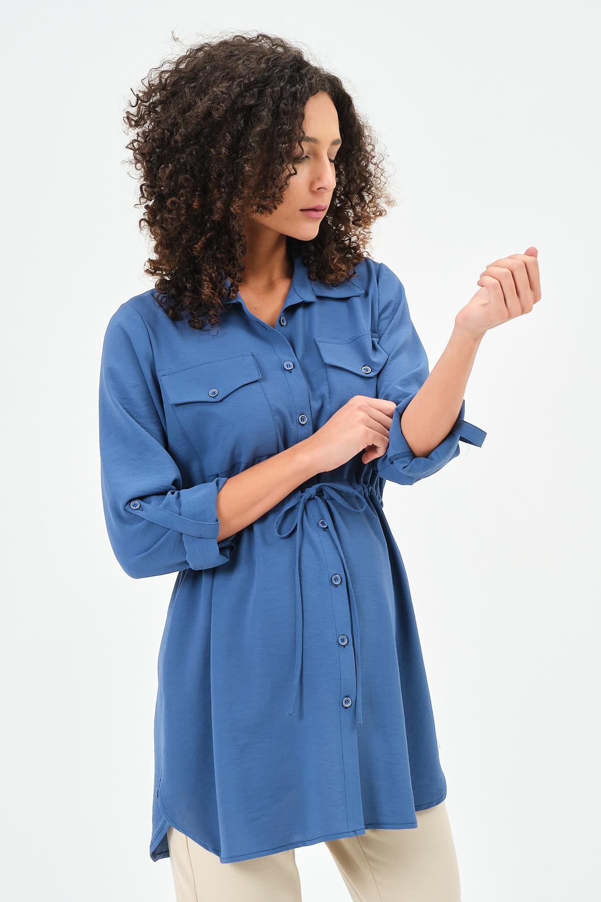 Busa Hamile Önden Cepli Bel Bağcıklı Gömlek İndigo