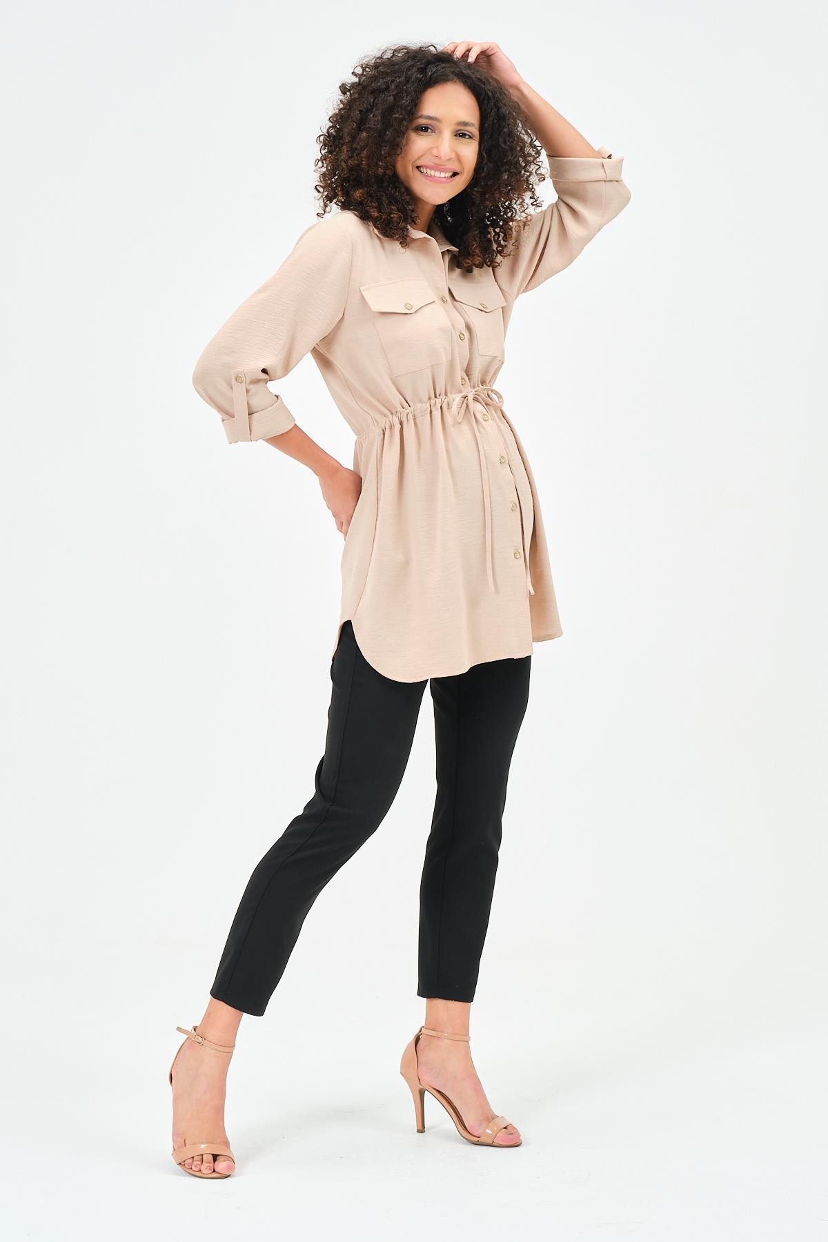 Busa Hamile Önden Cepli Bel Bağcıklı Gömlek Bej