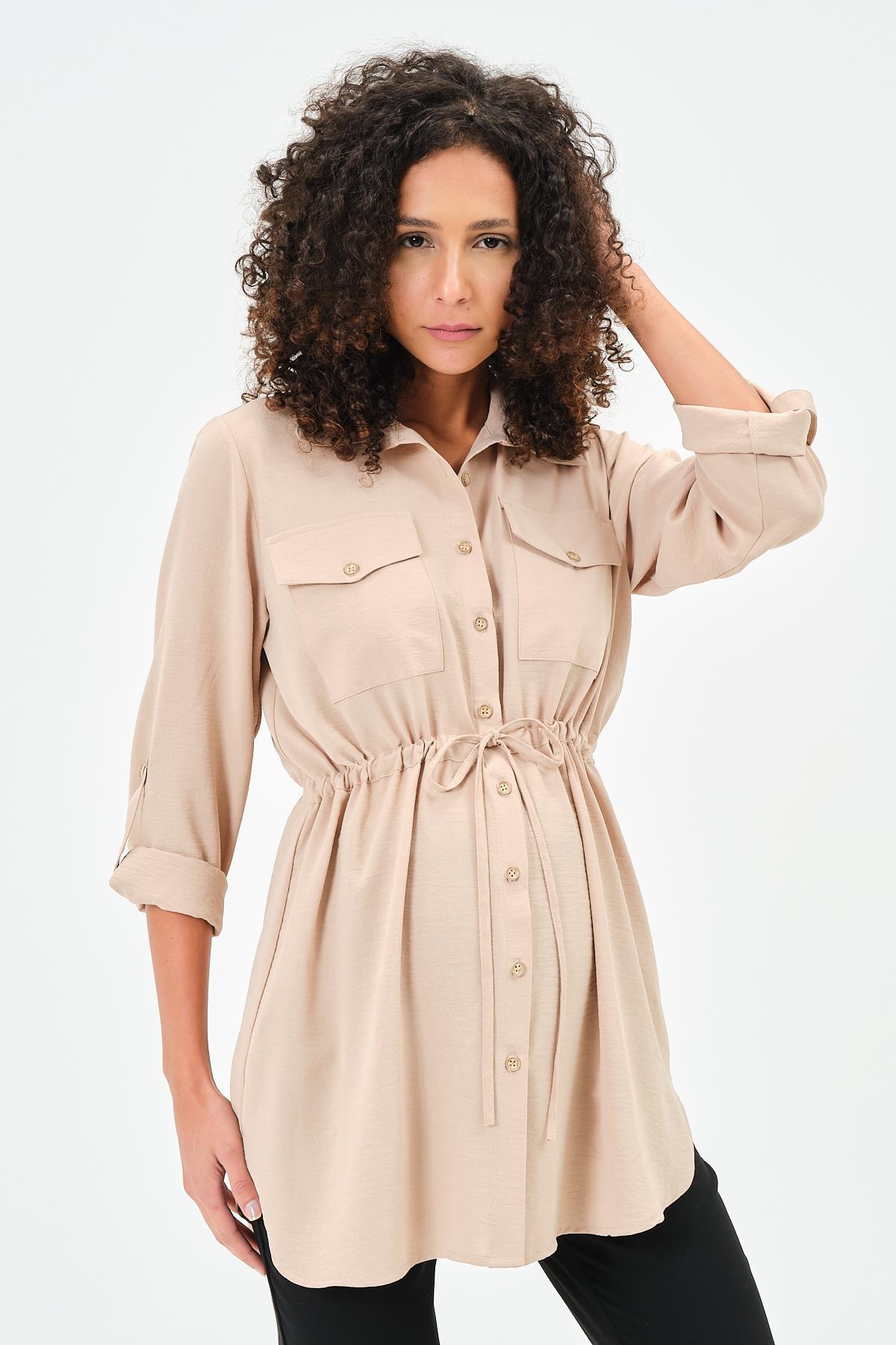 Busa Hamile Önden Cepli Bel Bağcıklı Gömlek Bej