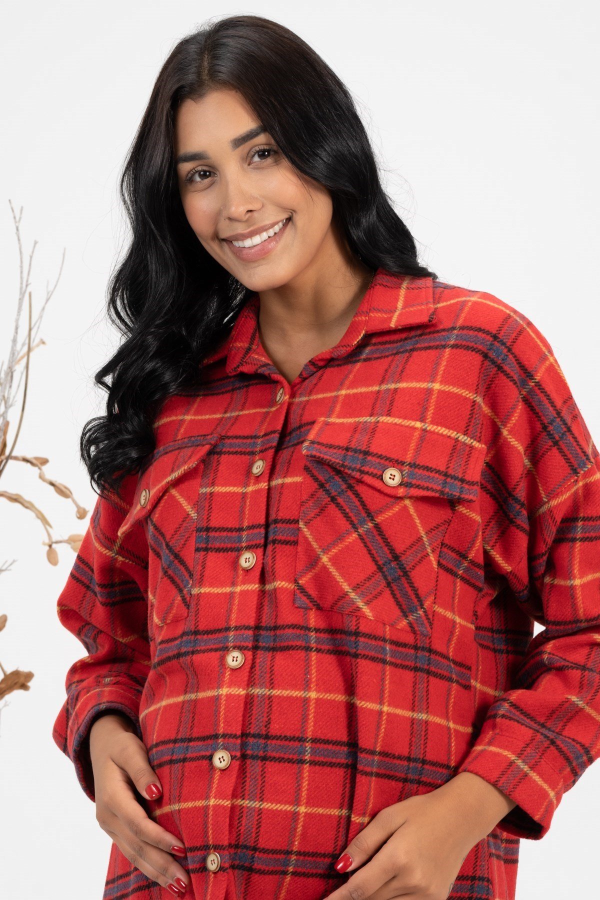 Busa Hamile Önden Cepli Düğmeli Ekose Oduncu Gömlek Kırmızı