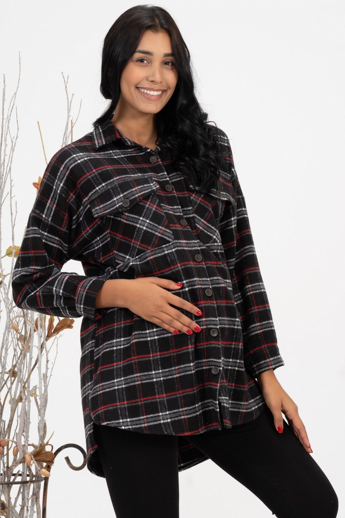 Busa Hamile Önden Cepli Düğmeli Ekose Oduncu Gömlek Siyah