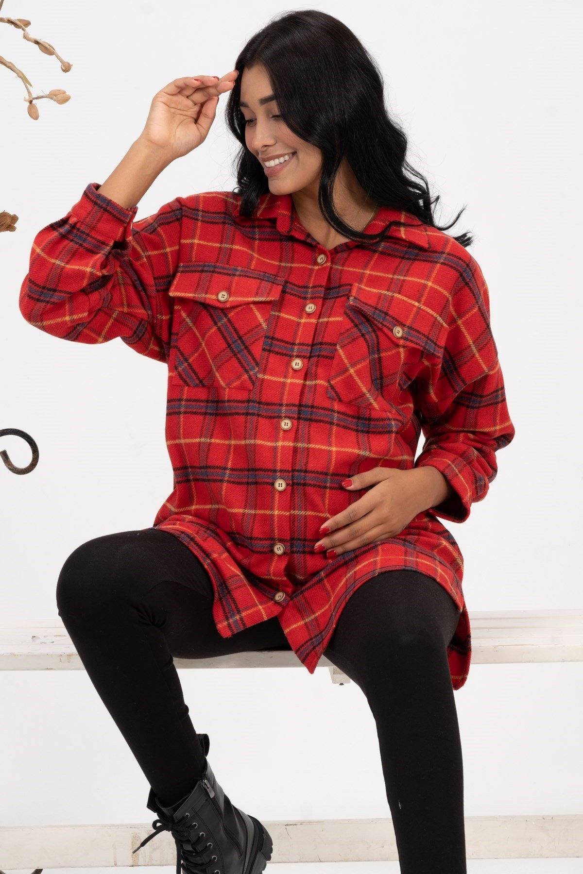 Busa Hamile Önden Cepli Düğmeli Ekose Oduncu Gömlek Kırmızı