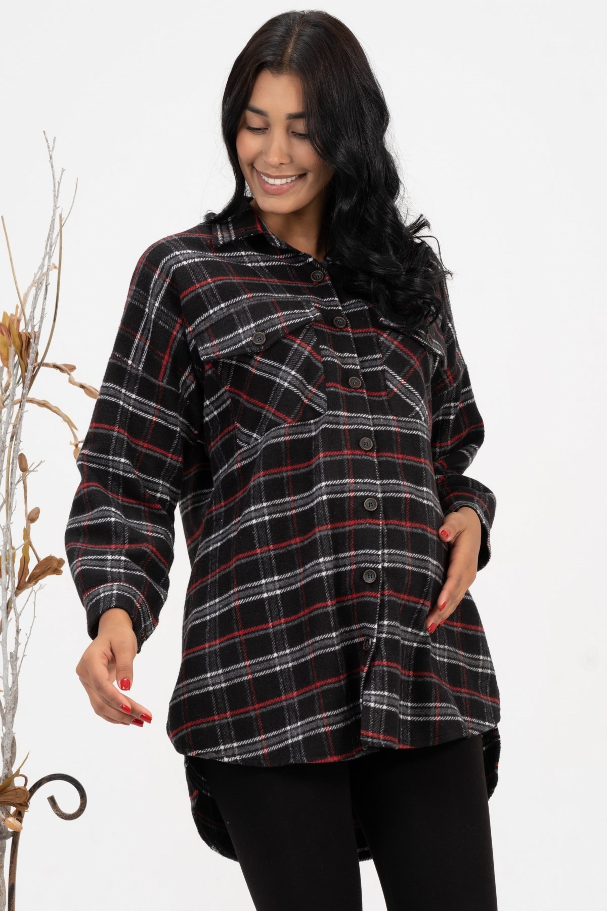 Busa Hamile Önden Cepli Düğmeli Ekose Oduncu Gömlek Siyah