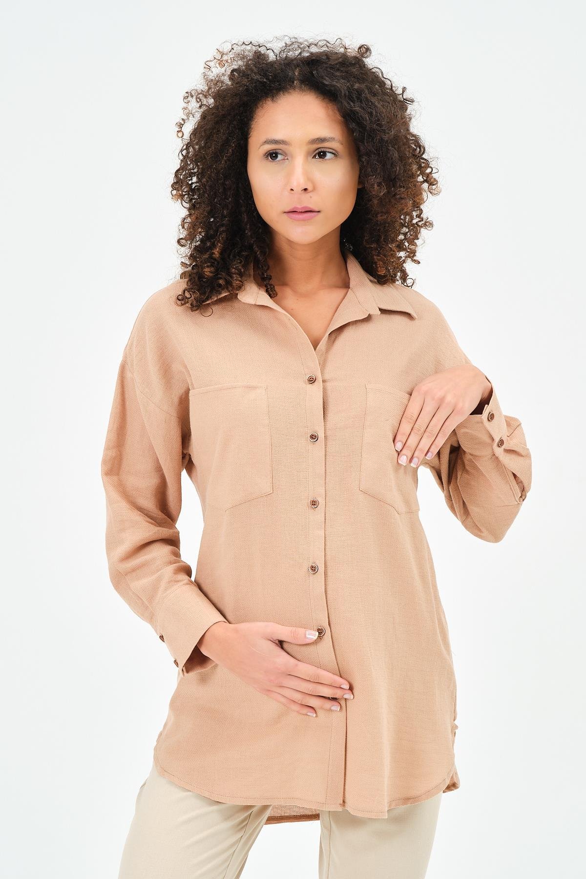 Busa Hamile Önden Cepli Ketek Gömlek Kahverengi