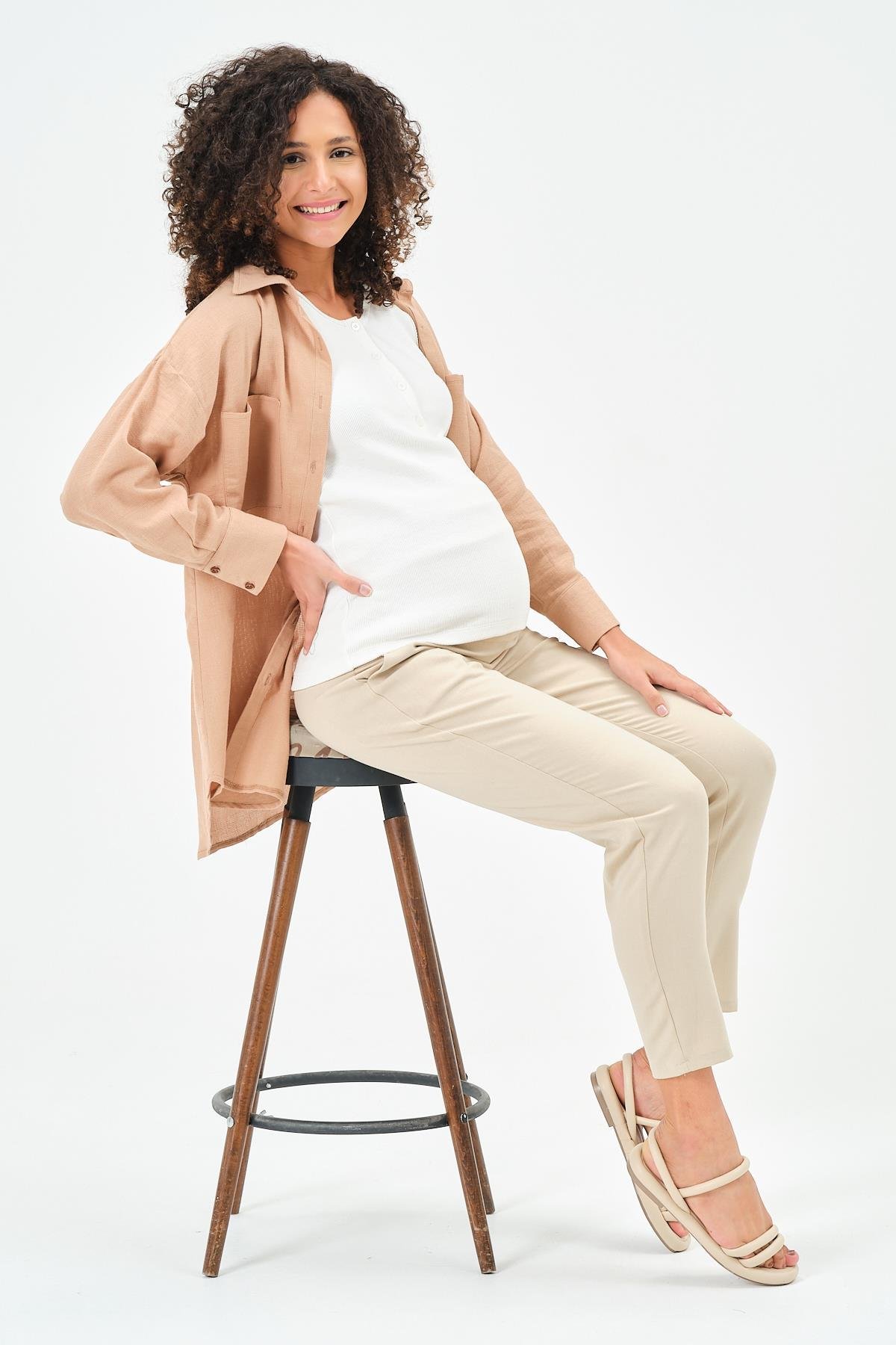 Busa Hamile Önden Cepli Ketek Gömlek Kahverengi