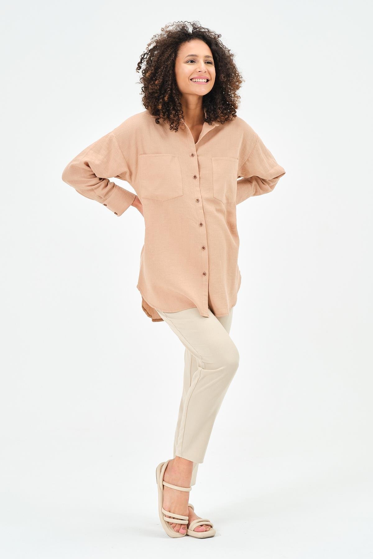 Busa Hamile Önden Cepli Ketek Gömlek Kahverengi