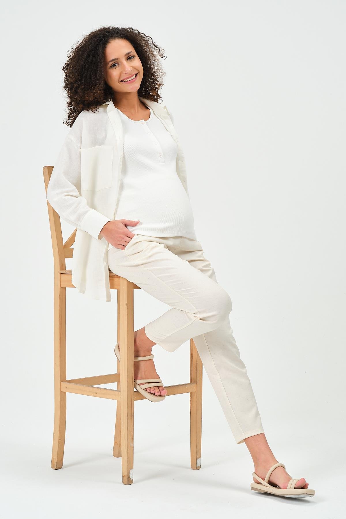 Busa Hamile Önden Cepli Ketek Gömlek Krem