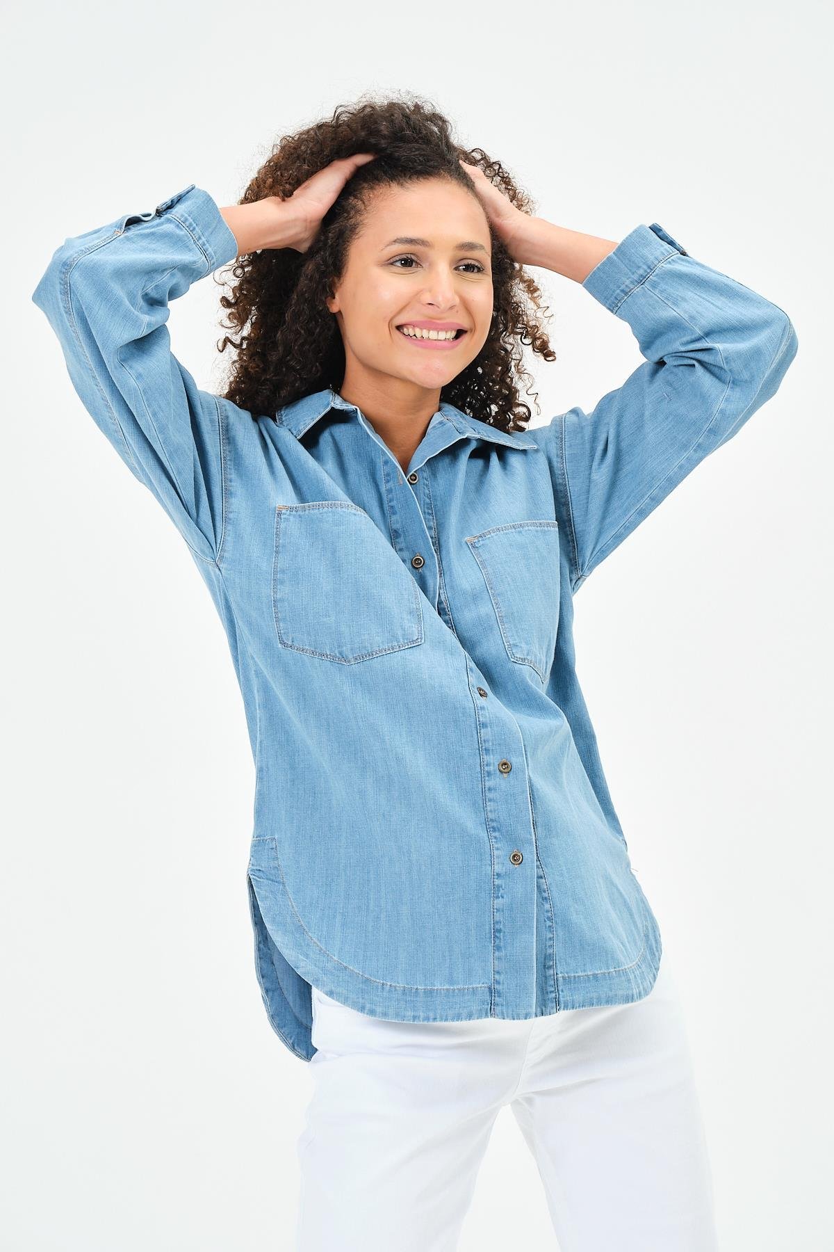 Busa Hamile Önden Cepli Oversize Kot Gömlek Mavi