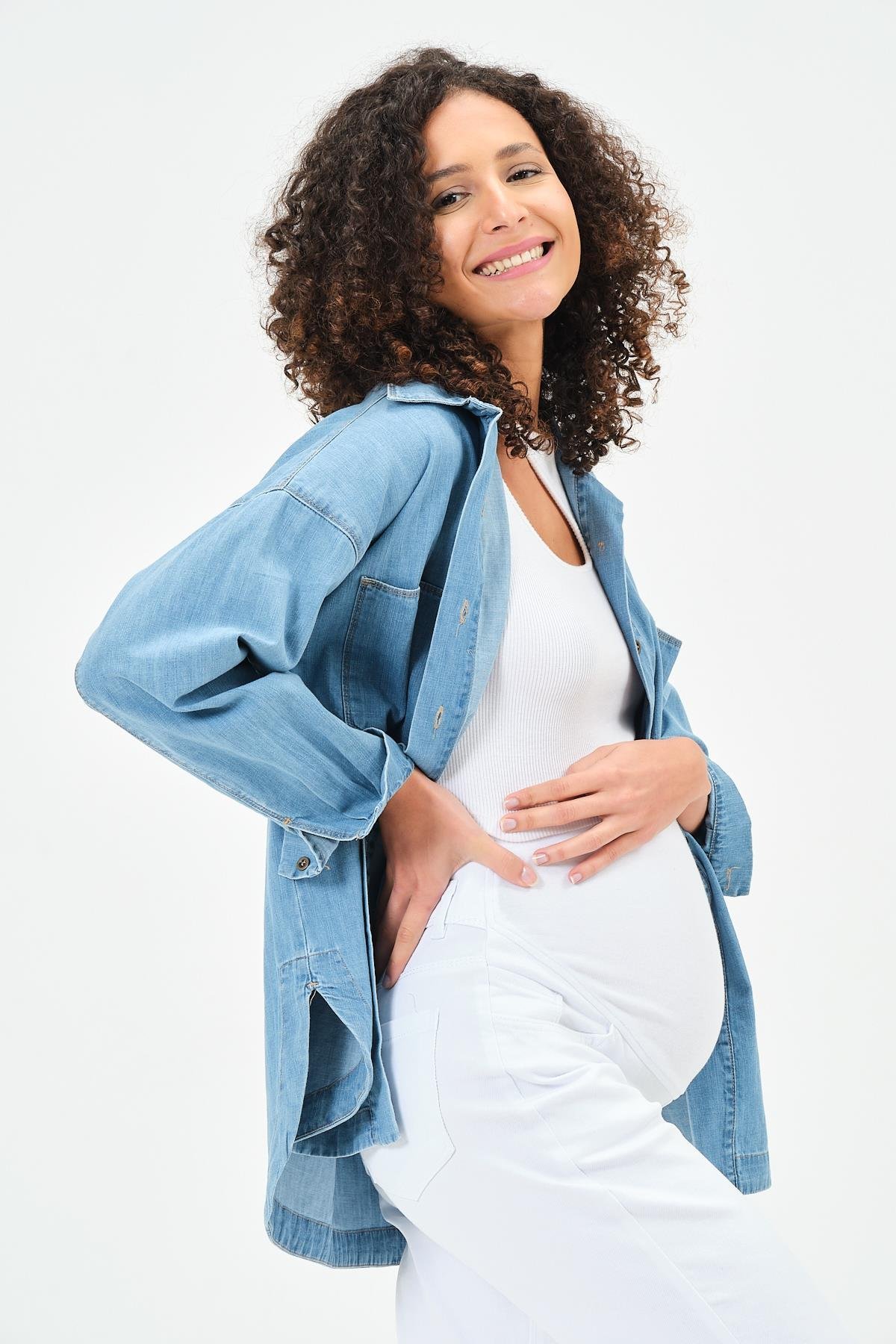 Busa Hamile Önden Cepli Oversize Kot Gömlek Mavi