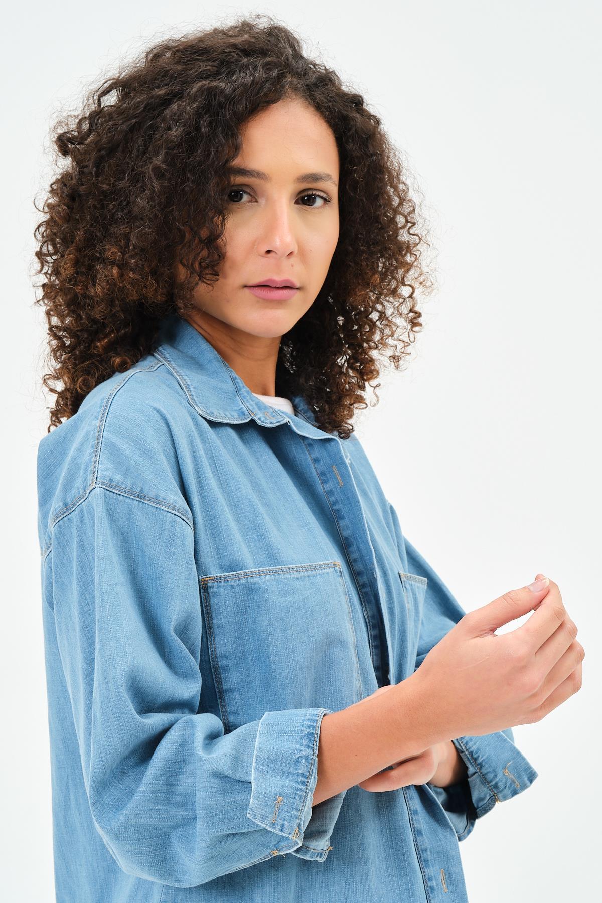 Busa Hamile Önden Cepli Oversize Kot Gömlek Mavi