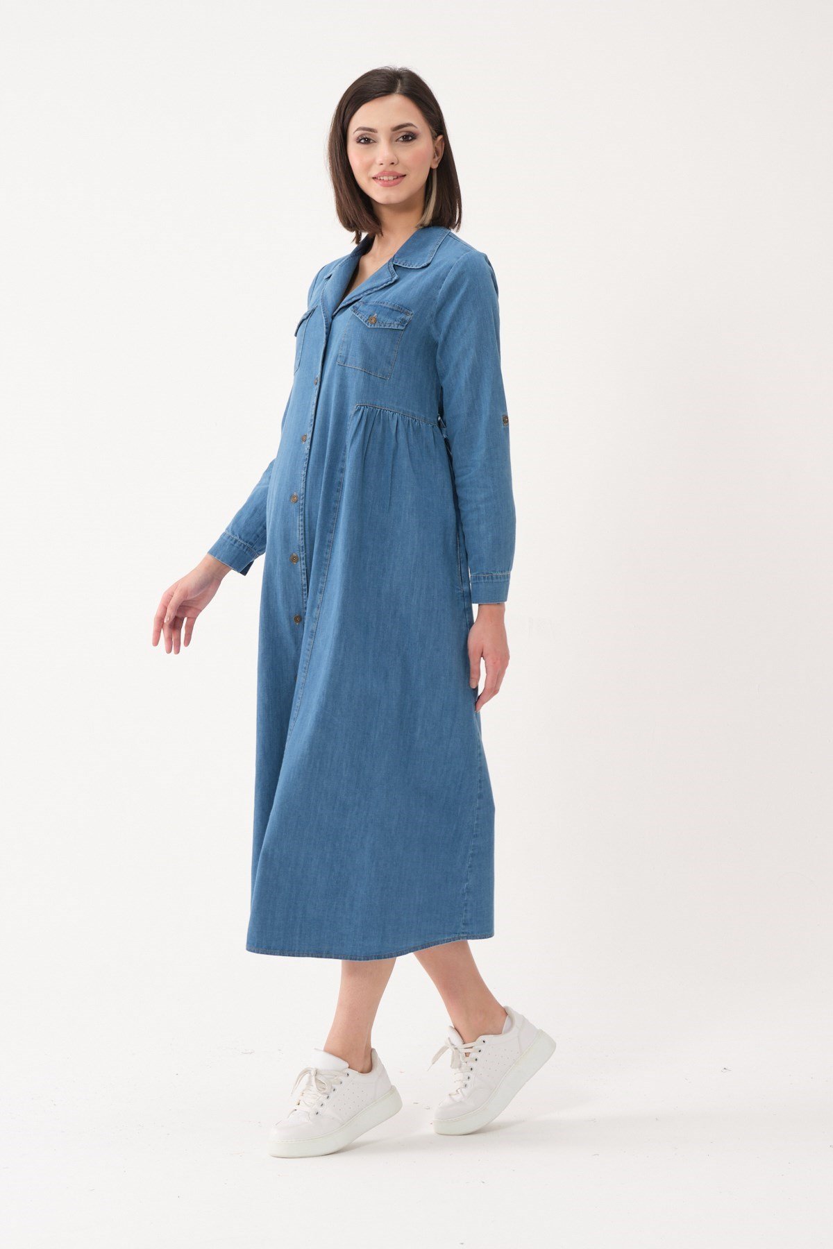 Busa Hamile Önden Düğmeli Kuşaklı Midi Boy Kot Elbise Mavi