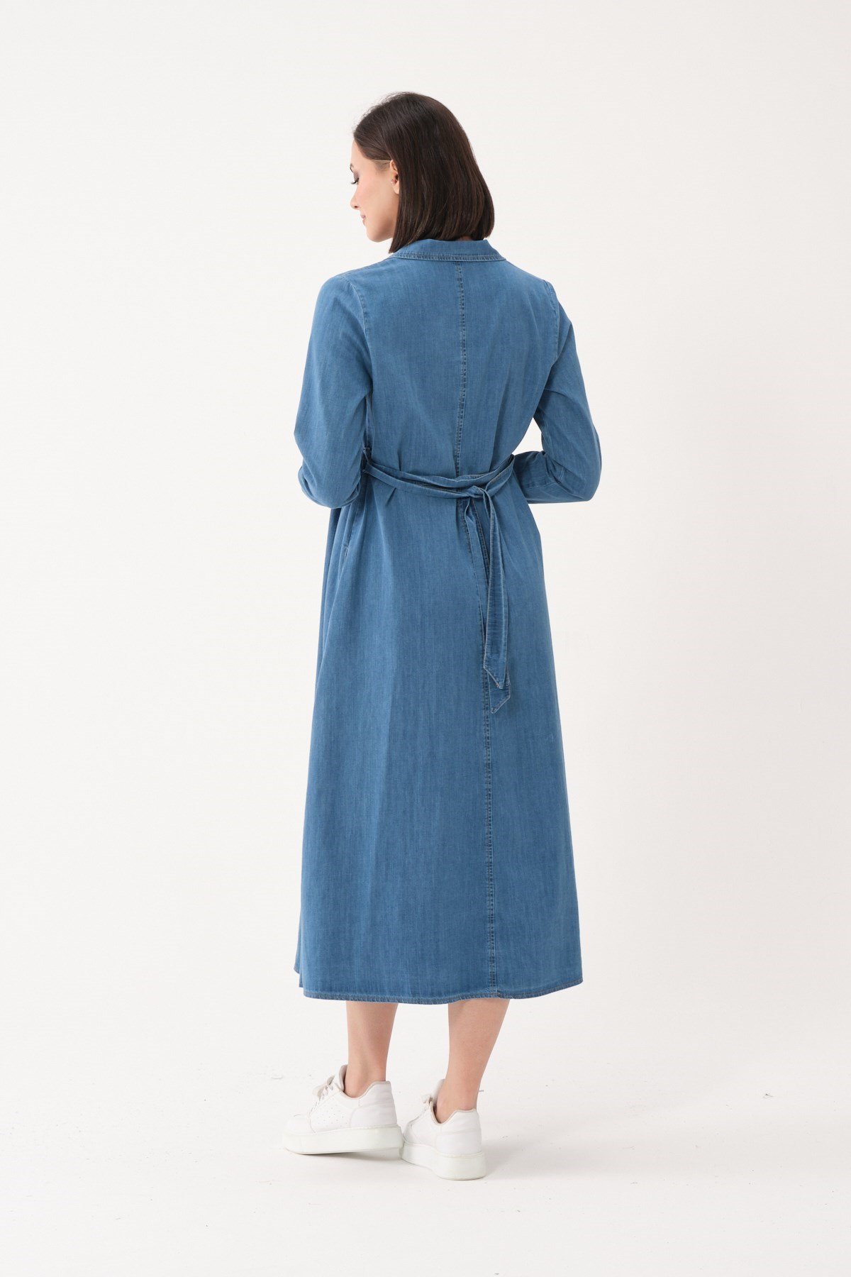 Busa Hamile Önden Düğmeli Kuşaklı Midi Boy Kot Elbise Mavi