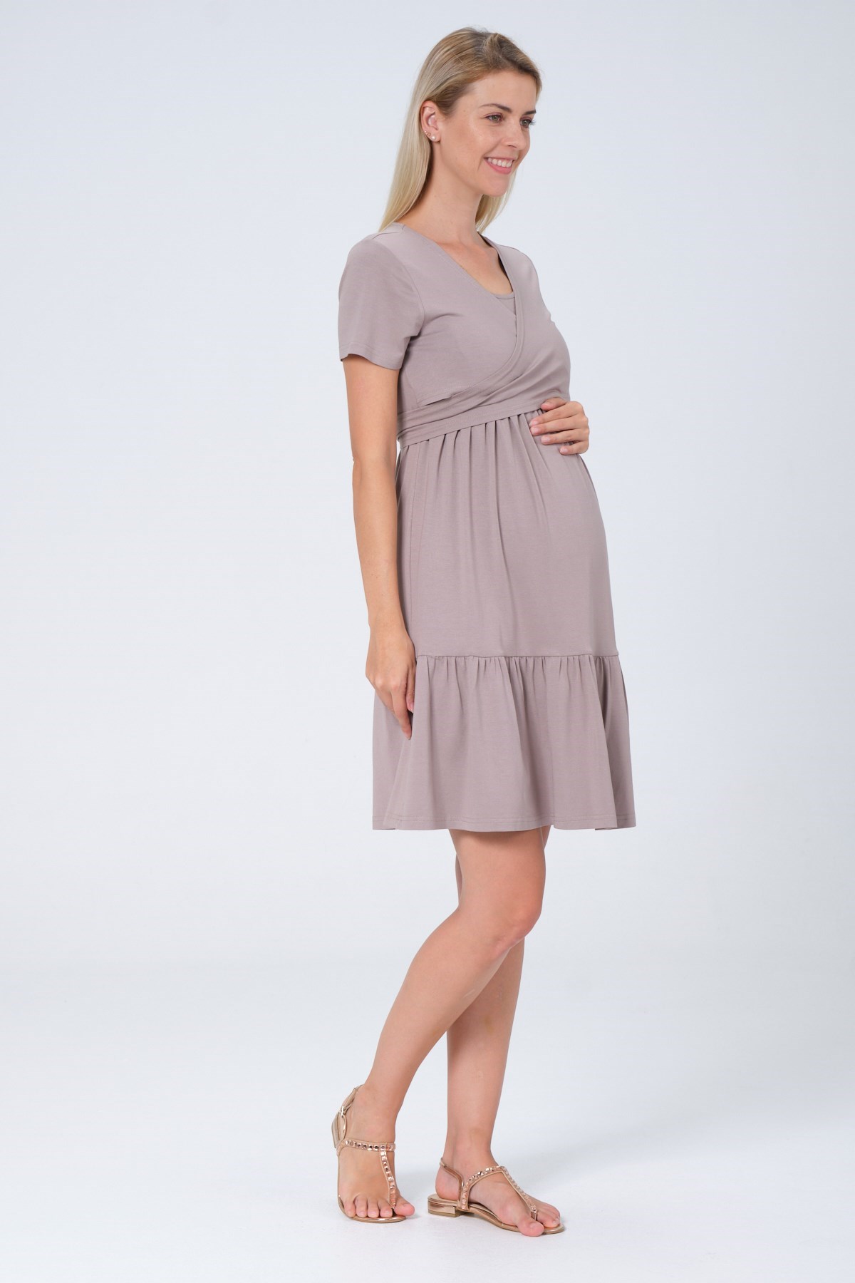 Busa Hamile Önden Kuşaklı Emzirme Detaylı Penye Kısa Kollu Elbise Vizon